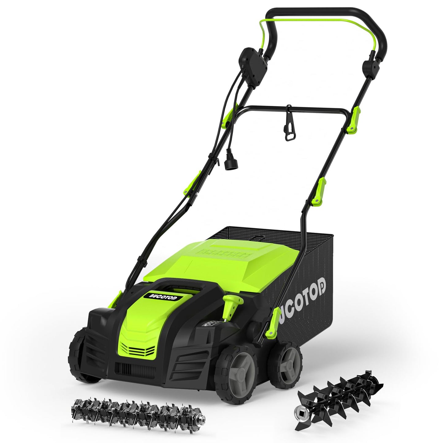 2-in-1 Dethatcher & 16-Inch Scarifier Electric Corded, 15 Amp Copper Motor, Electric Lawn Dethatcher with 5-Position Depth Adjustment, 14.5 gal Thatch Bag,Walk Behind for Yard Lawn Garden Care