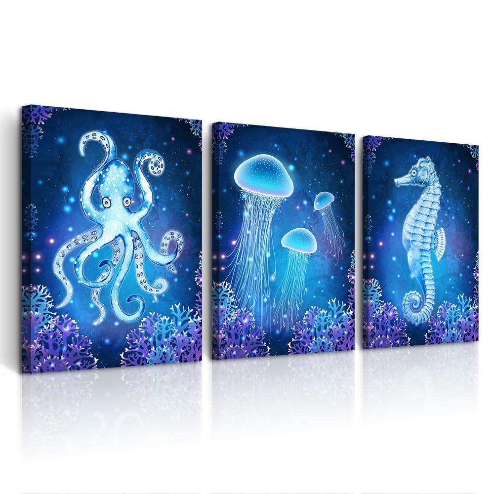 DZRWUBHS Wall Art Paintings For Bedroom Living Room Wall Decor Blue Ocean Life Theme Art Prints Wall Artworks Sea Animal Sea Horse Octopus Jellyfish Pictures Bathroom Home Decor Posters 3 Panels