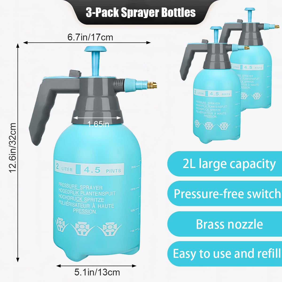3-Pack Manual Pressure Sprayer with Adjustable Brass Nozzle, 2L Handheld Gressure Spray Bottle, Multipurpose Plastic Pump Bottle Spray for Garden Watering, Yard Spraying and Household Tasks