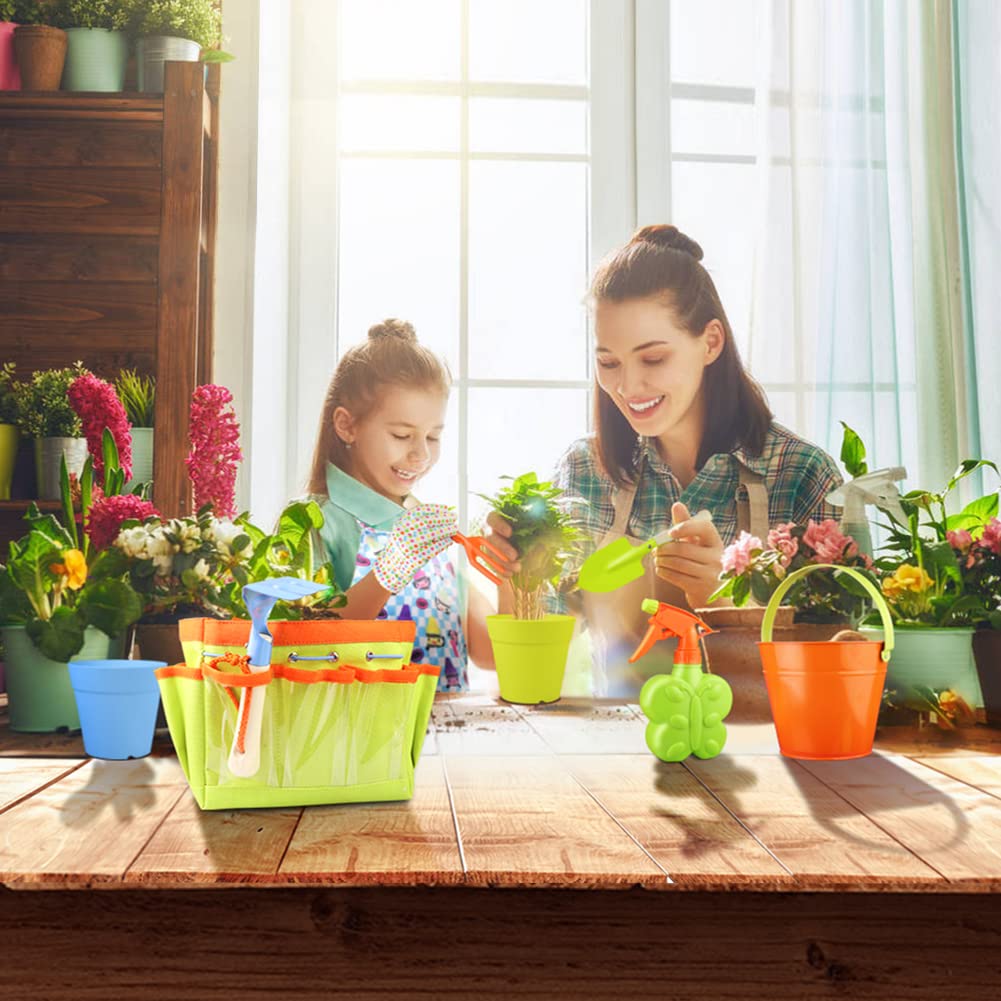 Kids Gardening Tools Kit Children Garden Toy Includes Tote Bag, Spade, Watering Bucket, Spray Bottle, Flower Pot, Apron, Rake, Plant Marker, Fork, Rake and Gloves