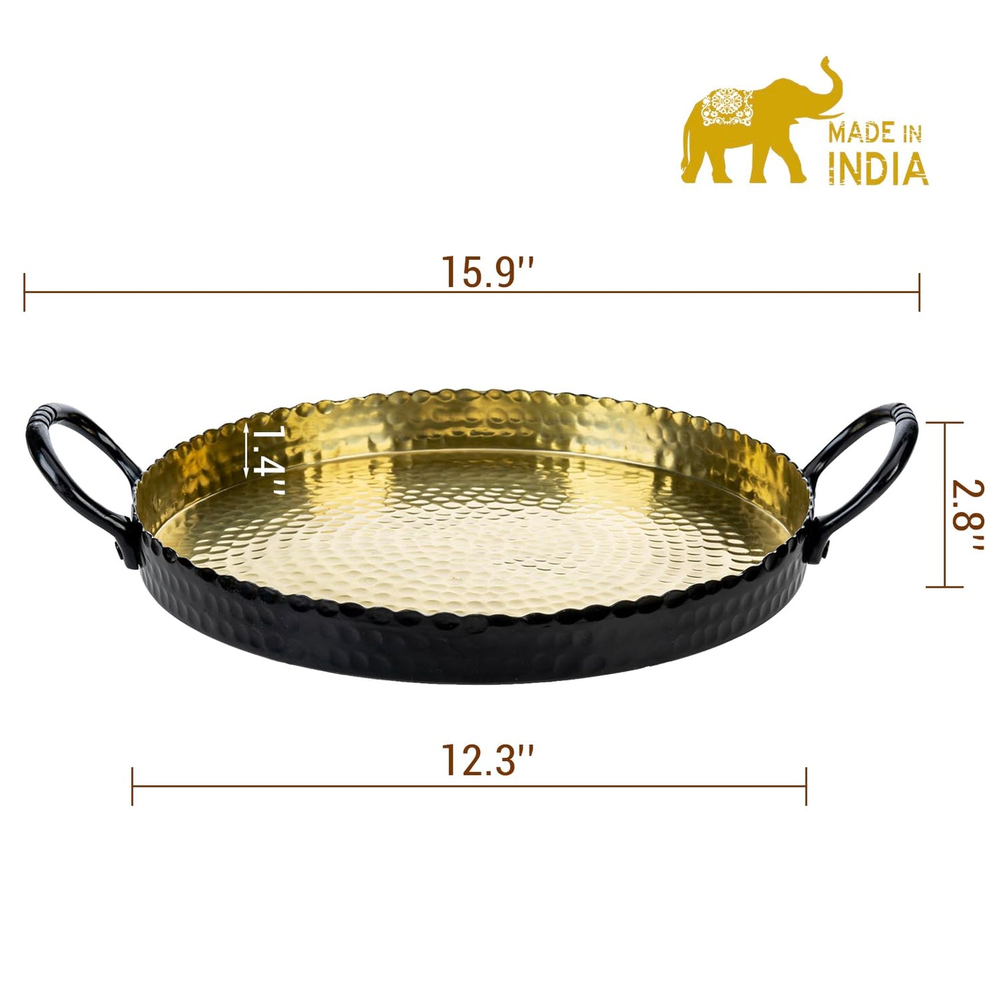 MyGift 12-Inch Black and Gold Metal Round Display Tray – Handcrafted Hammered Design Serving Platter or Tabletop Centerpiece, Handmade in India