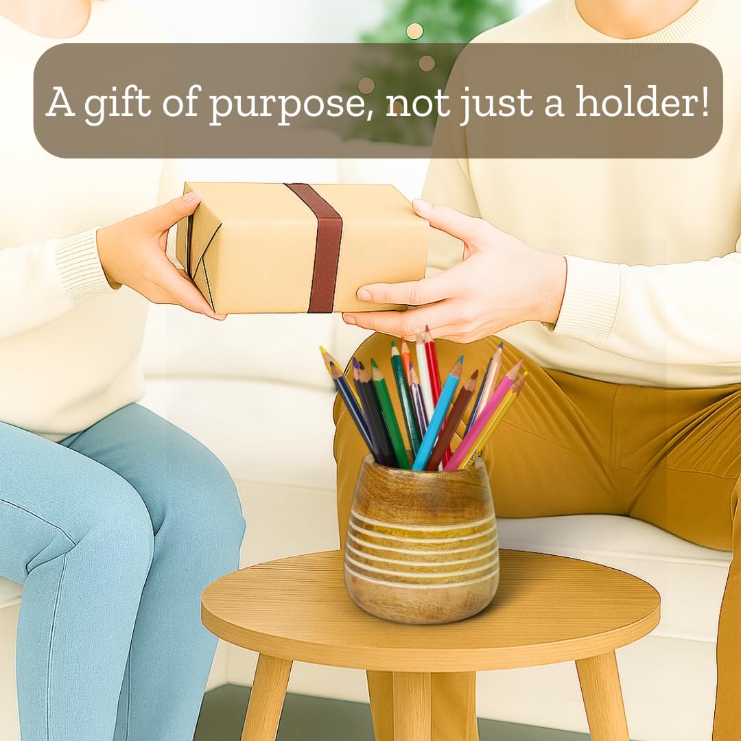 Mie Creations Wooden Pencil Cup Pen Holder for Desk Table | Farmhouse Wood Office Desktop Organizer, Paintbrush Stand, Makeup Brush Holder | Handmade Mothers Day Gifts for Mom- 4'' White Lining Design