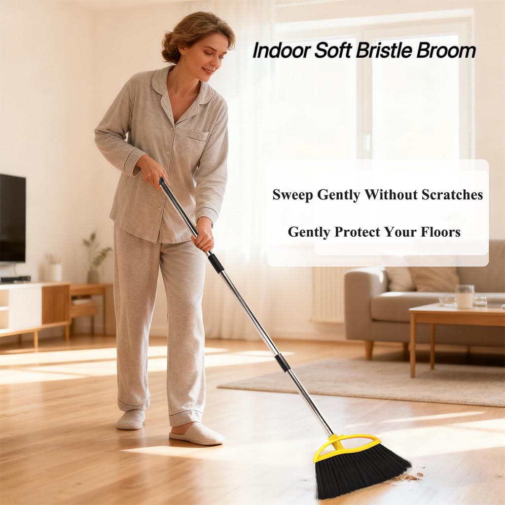 Chanhoo 3 Pack Soft Bristle Angle Broom for Floors - Wide Indoor Heavy Duty Broom with 38"-53.5" Adjustable Handle, Kitchen & Restaurant Use for Hardwood, Porch (Gray, Yellow, Green)