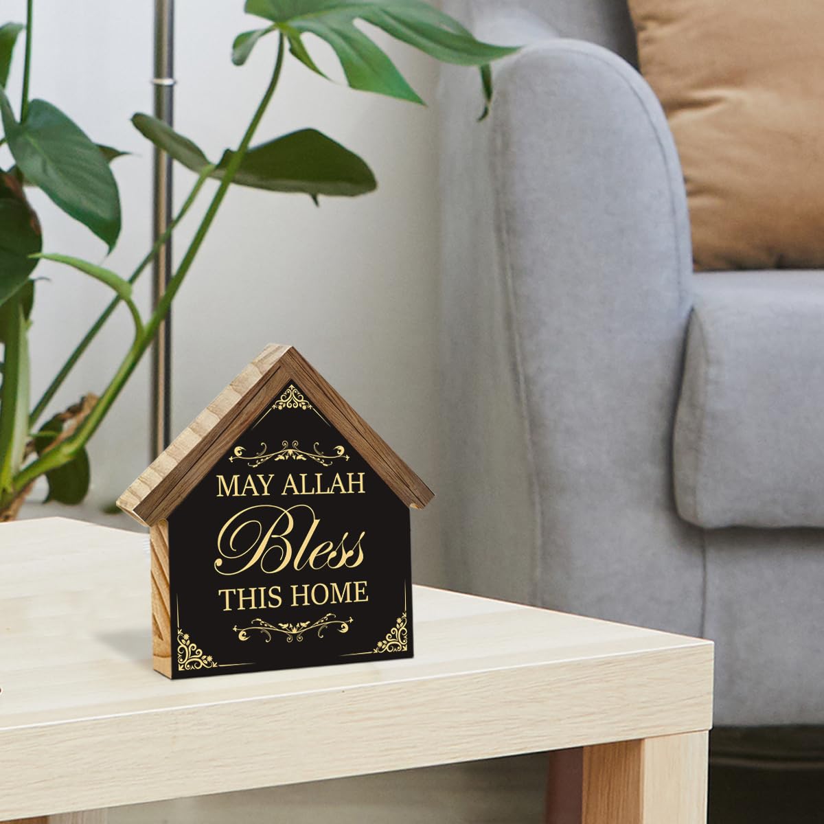 Islamic Ramadan Wood Sign Home Decor Muslim Eid May Allah Bless This Home House Shaped Wooden Block Sign Desk Shelf Table Decor
