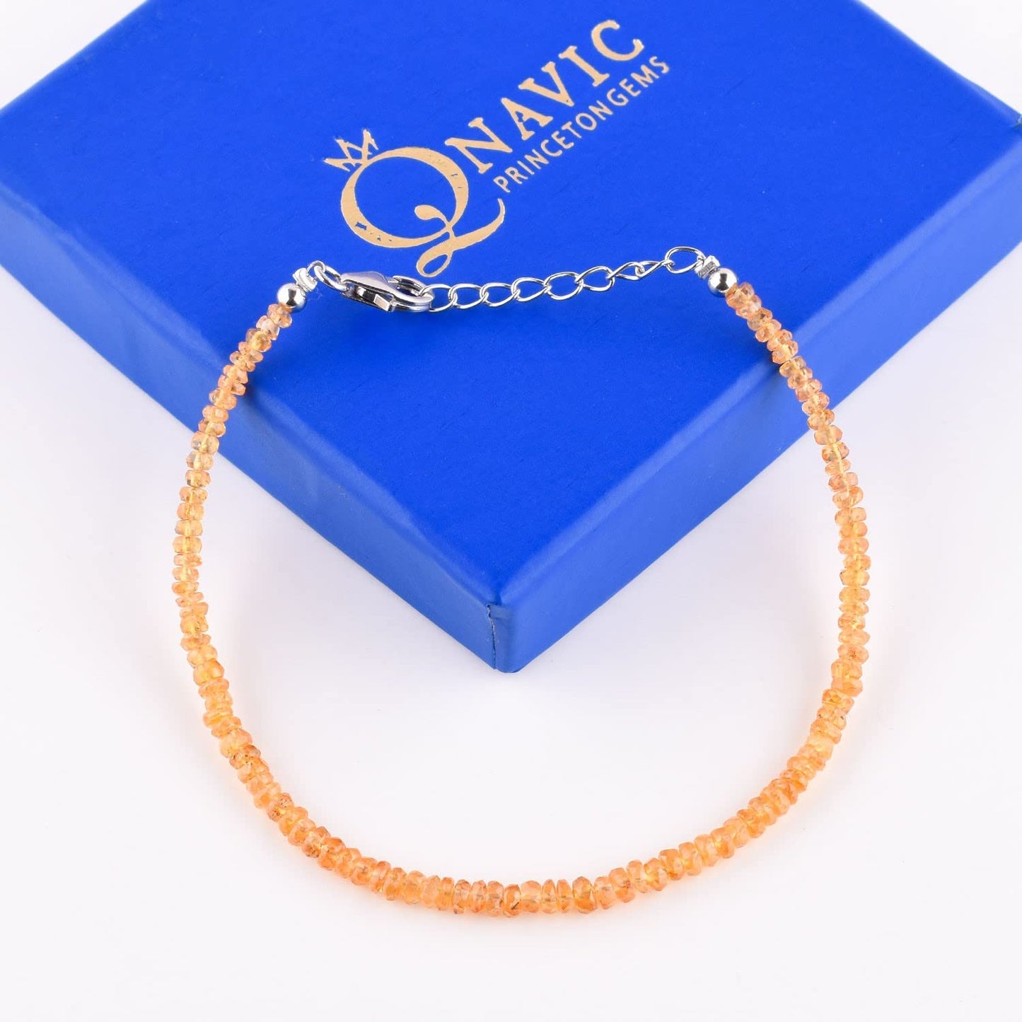 QNAVIC Orange Garnet Bangle Bracelet for Women – Dainty Gemstone Beads, January Birthstone Chakra Healing Crystal, 925 Sterling Silver Rhodium Plated Adjustable 8" Chain, Hypoallergenic Minimalist Jewelry Birthday Gifts