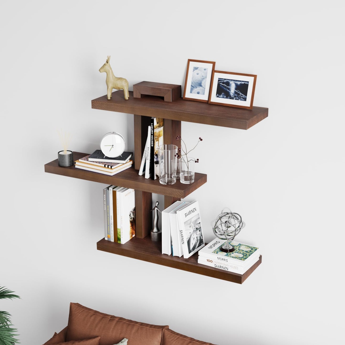 yaqew Variable Wood Floating Shelves Set of 3, Wall Cube Shelves 28.35" Max, Wall Shelves for Living Room Bathroom Bedroom - Light Walnut Color - 28.35" x 23" x 5.9" Max