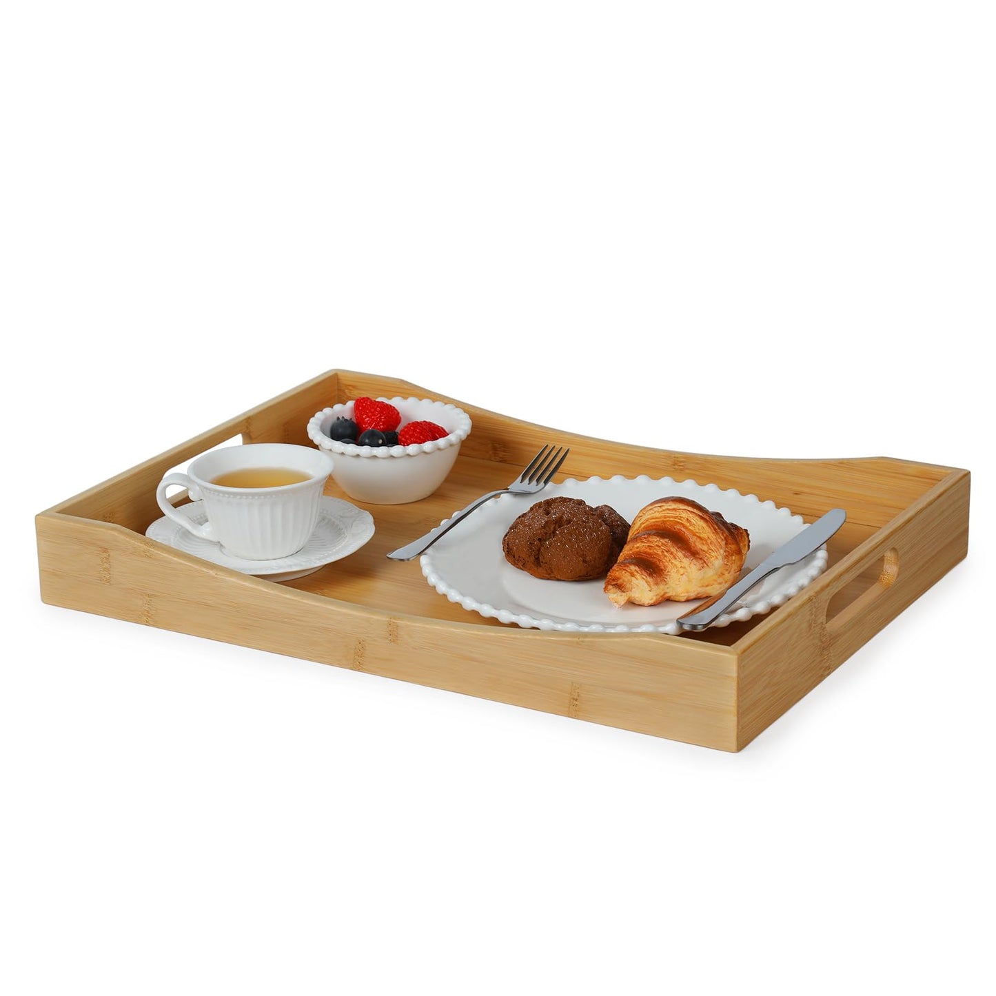 Gobam Bamboo Serving Tray with Handles, 19.7 x 13.8 inch Rectangular Decorative Tray for Entryway, Kitchen, Dining & Living Room, Large Wooden Breakfast Trays for Bed, Coffee Table & Ottoman