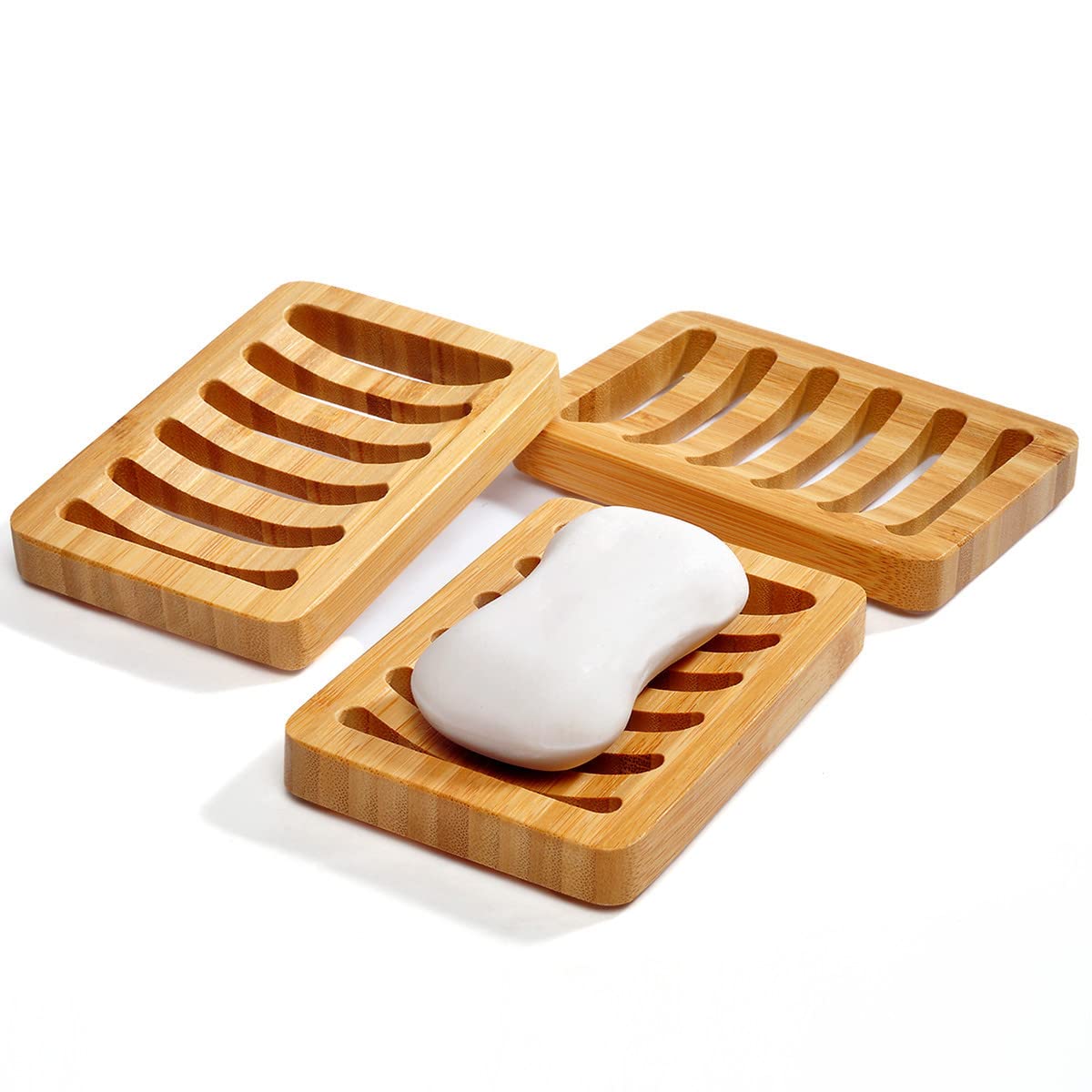 3 Pack Bamboo Wood Soap Dish Bar Soap Holder with Self Draining Tray Natural Waterfall Drain Soap Saver for Shower Bathroom Kitchen
