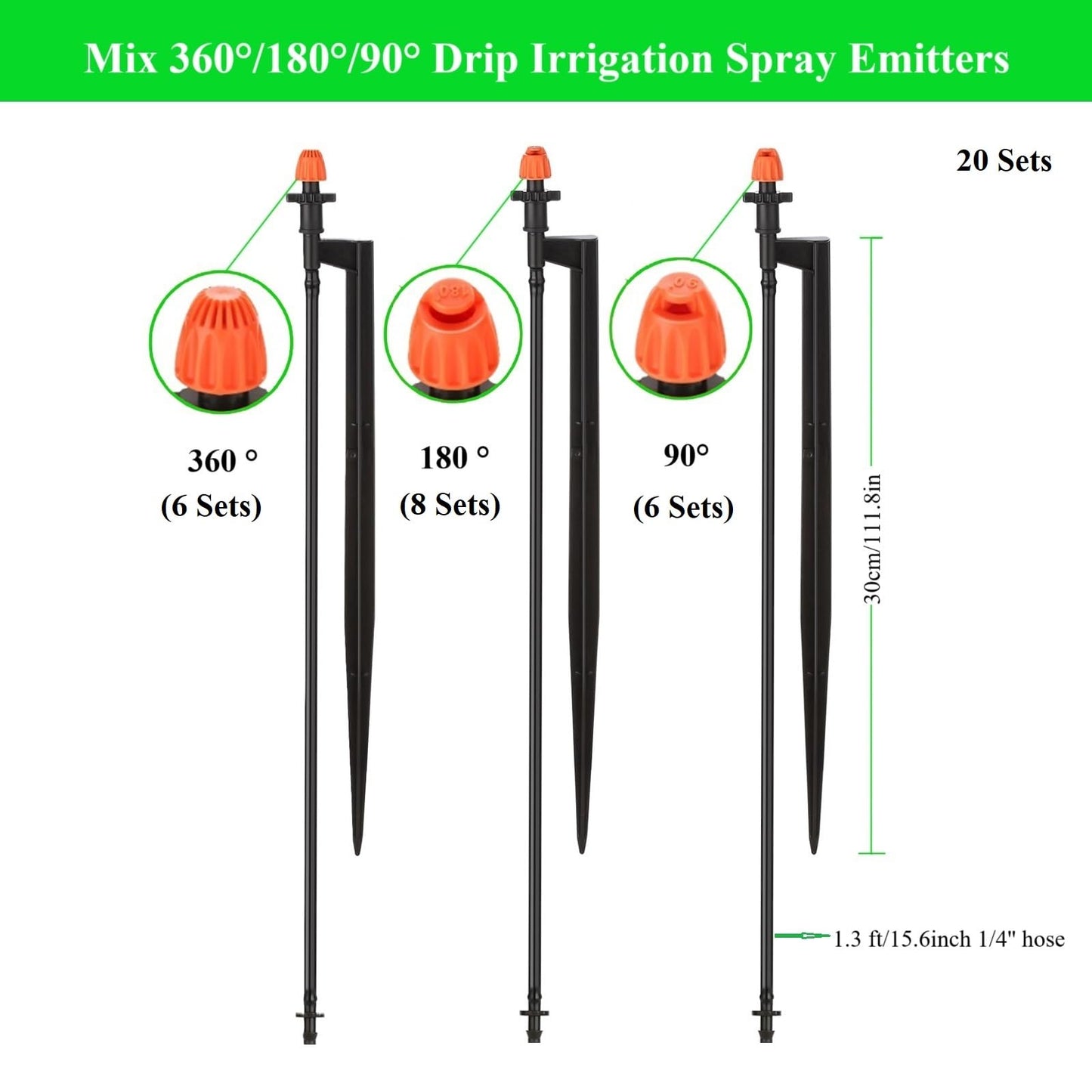Micro Drip Irrigation Sprinkler Heads: 20 Sets Mixed 360/180/90 Degrees Drip Irrigation Emitters for 1/4 inch Hose Garden Irrigation System