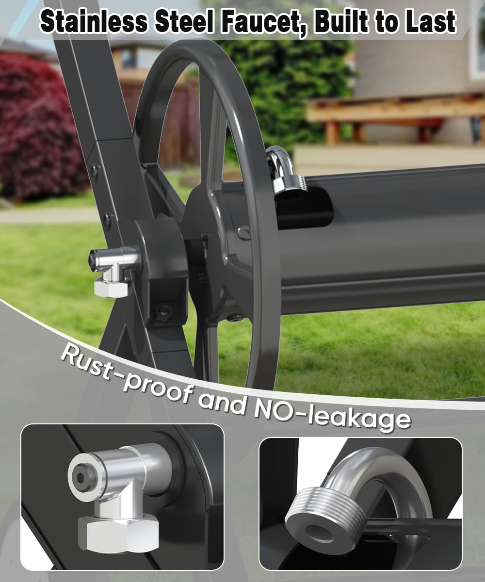 Artigarden Garden Hose Reel Cart with Wheels, Outdoor Heavy Duty Powder-coated Steel Water Storage Winder Holder, Holds 125 ft of 5/8’’ Hose with 3.9 Ft Leader Hose for Outside Lawn Yard, Black