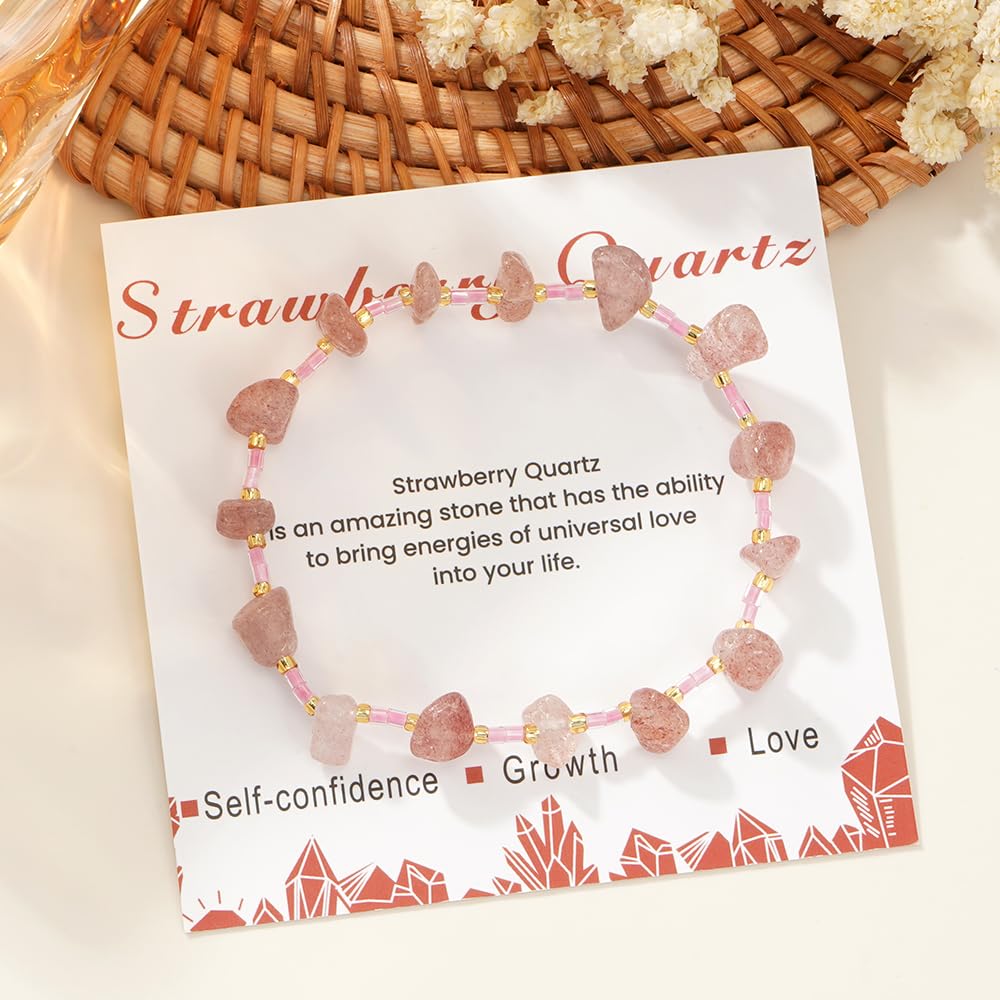 SHINUS BOHO Healing Natural Crystal Beaded Stretch Bracelet for Women,Handmade Boho Irregular Strawberry Quartz Energy Stones Growth Love Bracelet Summer Beach Fashion Jewelry Gift Friendship