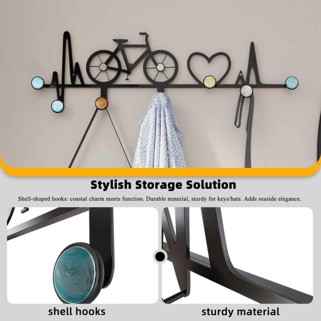 AORCUSHI 7-Hook Wall Mounted Coat Rack, Creative Note & Bicycle Design with Natural Seashell Decor, Heavy Duty Entryway Hanger for Hallway, Wall Decoration Bedroom, Includes Hardware and Adhesive