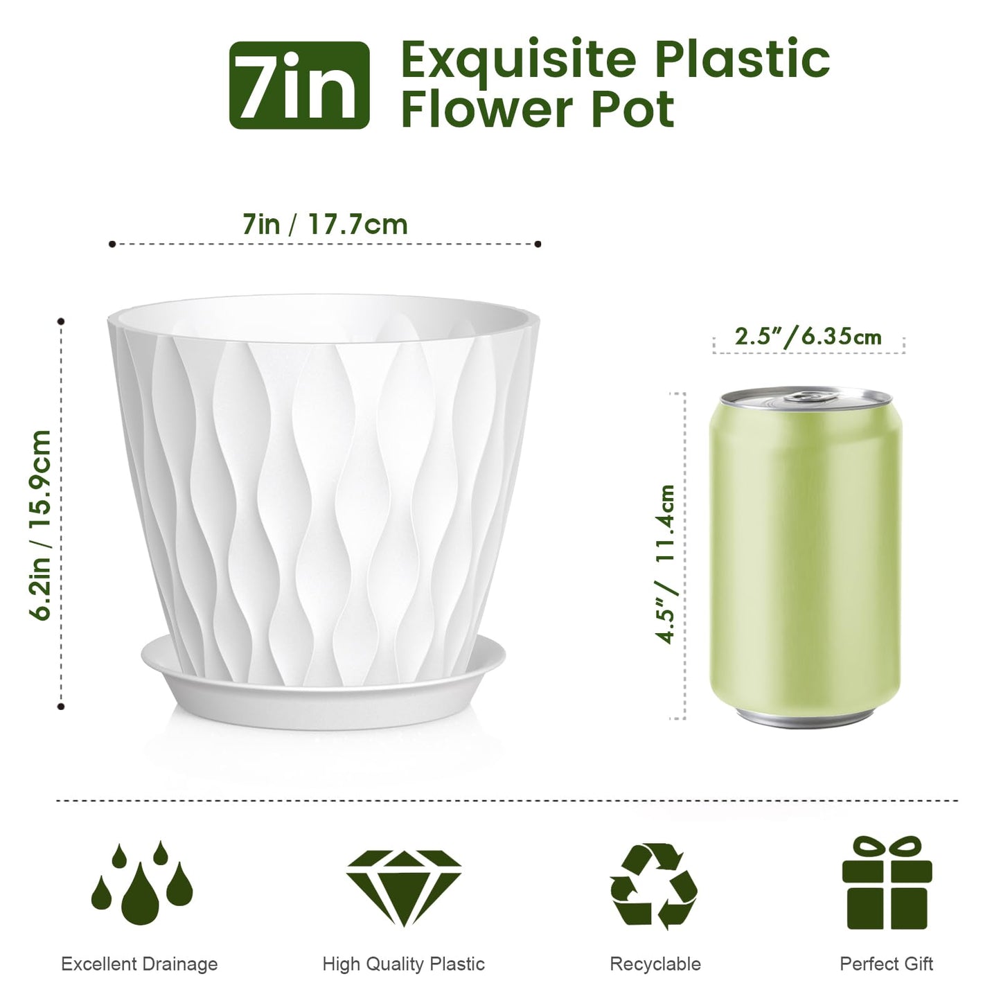 Meowell 7 inch Plant Pots for Indoor Outdoor Plants, 5 Pack Thick Nursery Pots with Drainage Holes and Saucers, 3D Modern Wave Texture Plastic Planter Pots for Flowers and House Plants, White