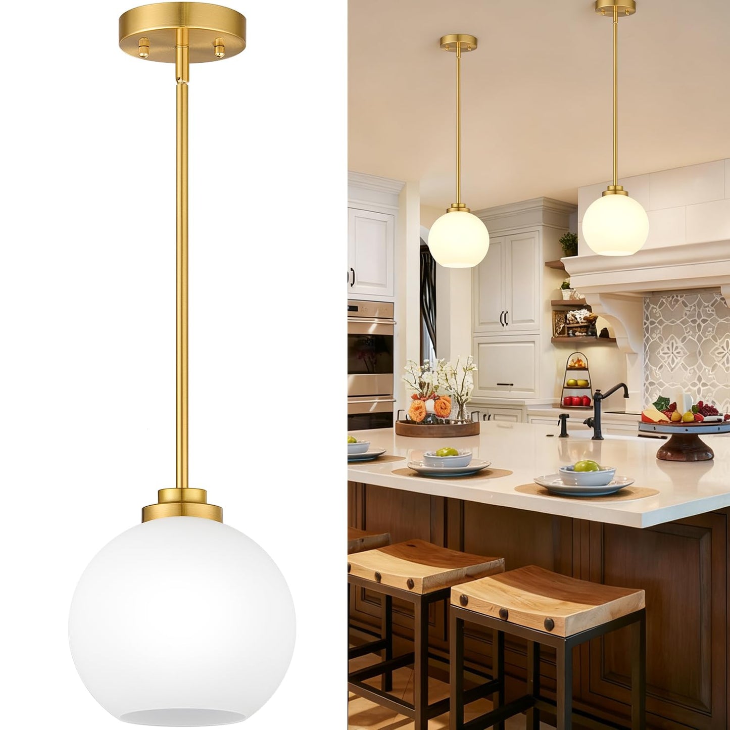 2 Pack 7.2-Inch Globe Pendant Lights, Mid Century Gold Pendant Light Fixtures, Globe Pendant Lights Kitchen Island with Milk Glass Shade Adjustable Hanging Fixture for Dining Room (Bulbs not Included)