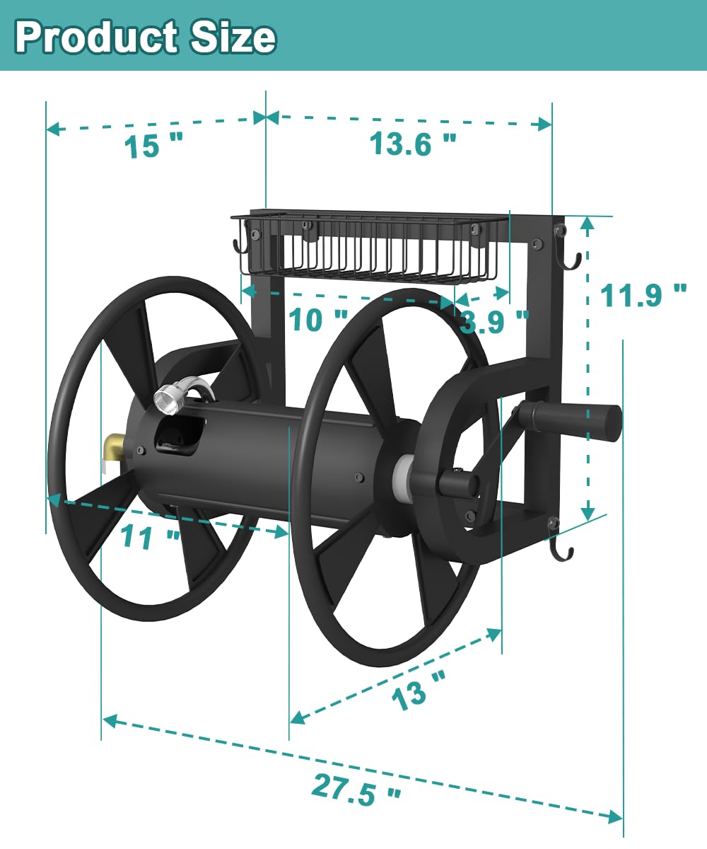 Artigarden Outdoor Wall Mounted Hose Reel with Hook, Garden Heavy-Duty Water Holder Winder with 3.9 ft Leader Hoses, Brass Fitting and Storage Basket for Yard, Holds 125 Ft of 5/8-Inch Hose, Black