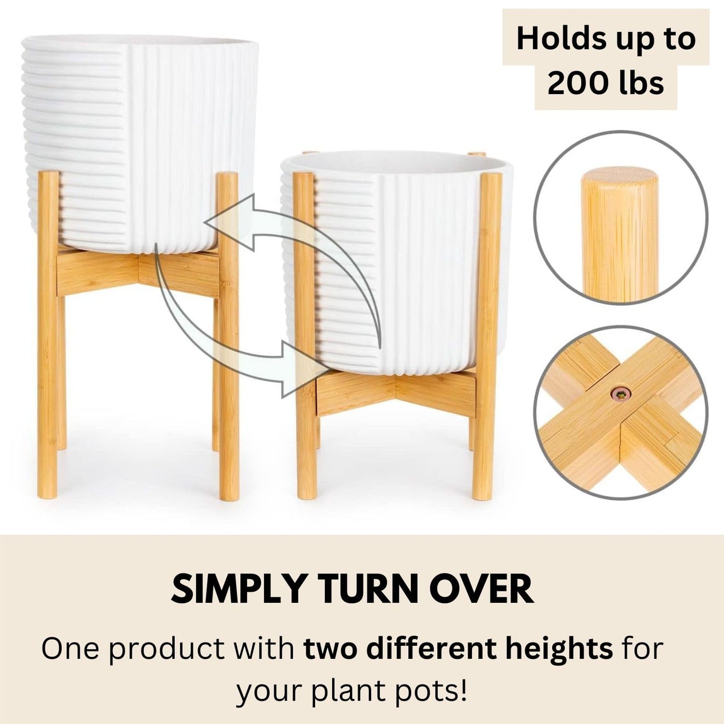 Fox & Fern Large Adjustable Plant Stand Indoor — 11 to 15 Inch Premium Mid Century Bamboo Plant Stand; Plug In Design; Easy Assembly; Two Heights - For 11, 12, 13, 14 & 15 Inch Pots (Not Included)