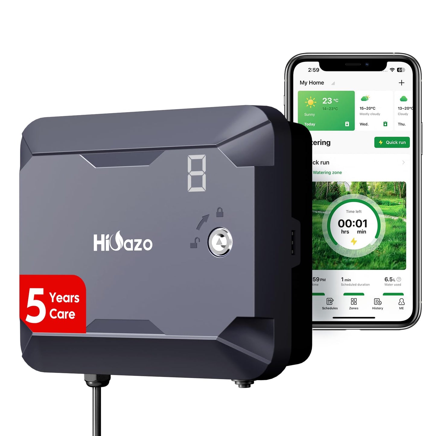 Outdoor Smart Sprinkler Controller with Protector, WiFi Irrigation Controller Easy Use App Enabled, 8 Zones + 16 Plans, Save Water Auto Skip Rain, Freeze & Wind, 10 Minutes Install