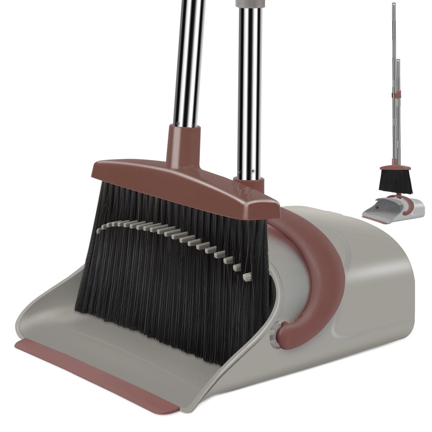 Ivandar Broom with Dustpan Combo Set, 50.6 inch Long Handle, Upright Standing Broom and Dustpan Set Quiet Cleaning Tool Sweep the Floor Dust pan Removes 4 Times More Pet Hair(Brown and Gray)