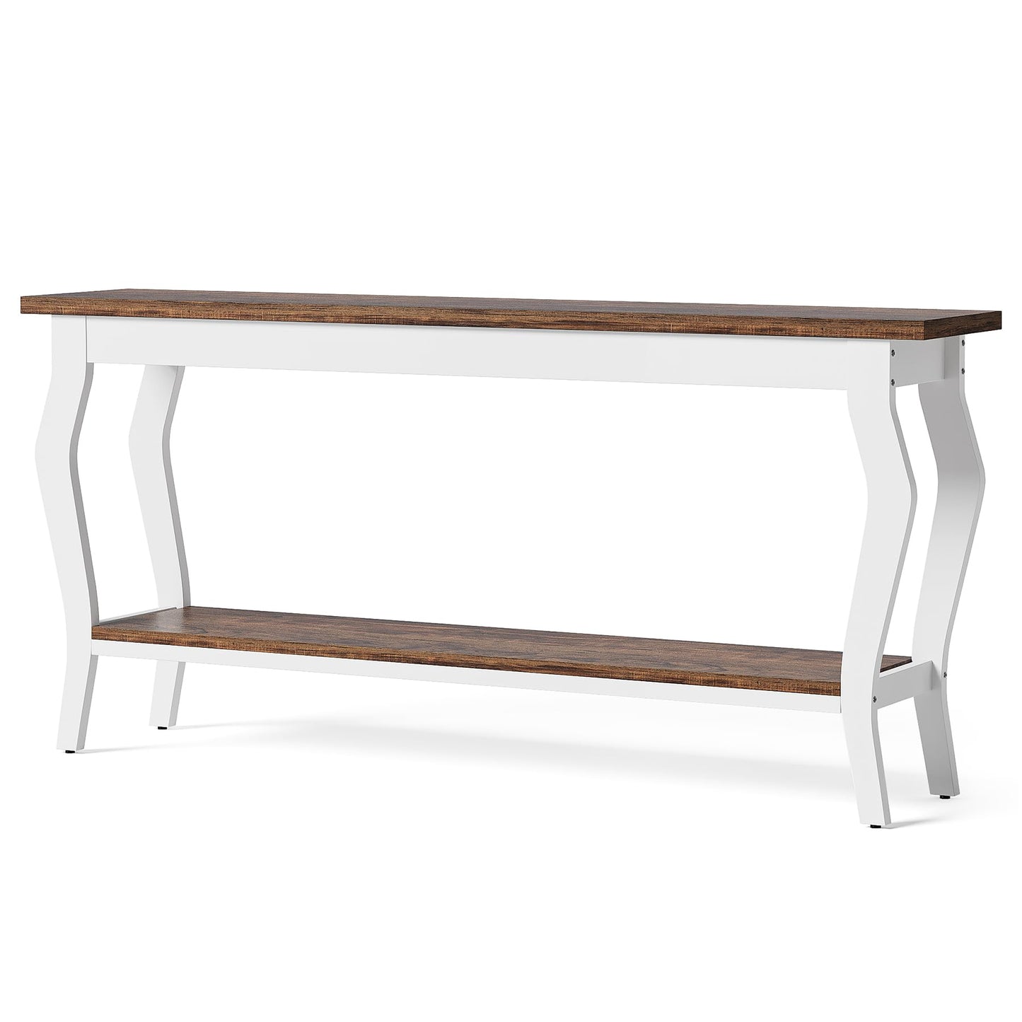 LITTLE TREE 70.9 Inches Long Console Table, 2-Tier Vintage Wooden Sofa Table Behind The Couch with Metal Legs for Hallway, Entryway, Living Room, Brown & White