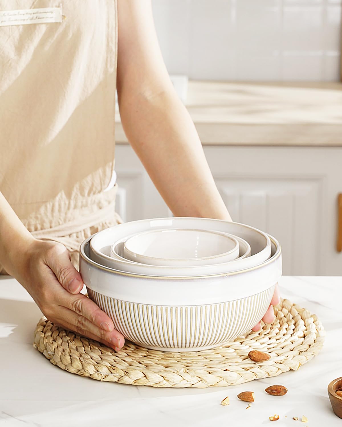 getstar Large Serving Bowls Set of 4, 12/26/42/64 oz Ceramic Stoneware Nesting Bowls Set, Microwave and Dishwasher Safe, Farmhouse Kitchen Versatile Prep Bowls for Fruit Salad Pasta Dessert Cereal