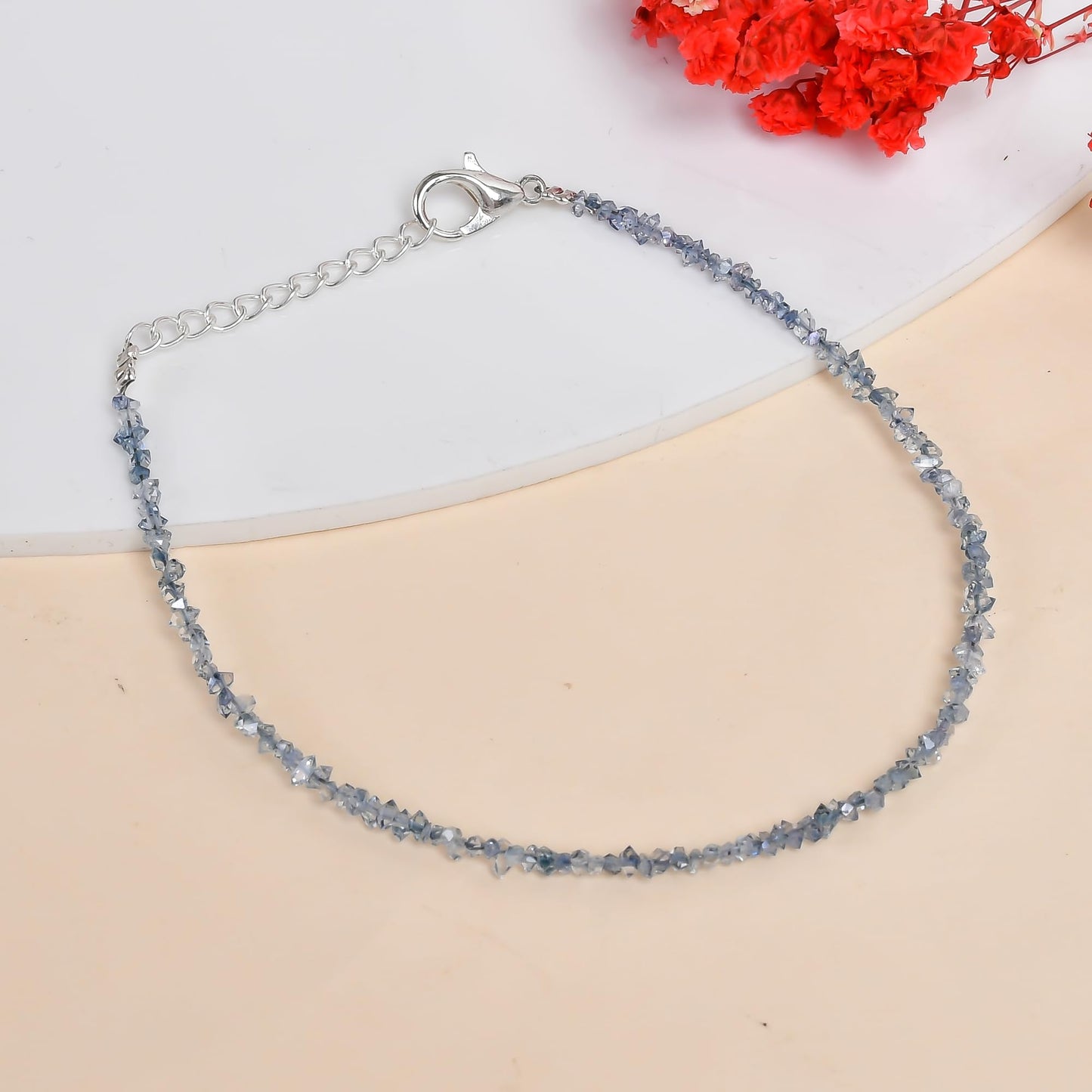 Gemkora Natural Blue Herkimer Diamond Quartz Crystal Bracelet Women Jewellery, Raw Chips Nuggets Beaded Bracelets, Bracelet, Special Event Jewellery, Silver Plated 8 inch Bracelets
