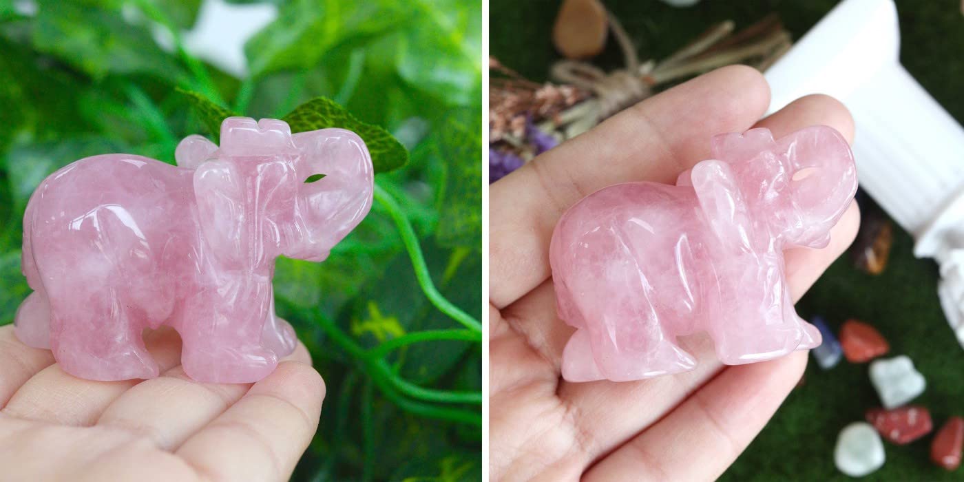 2" Rose Quartz Elephant Decor Healing Crystal Pink Cute Natural Hand-Carved Polished Figurines Statue Gemstone Energy Hippie Home Room Office Desk Decoration Valentine's Day Gifts for Women