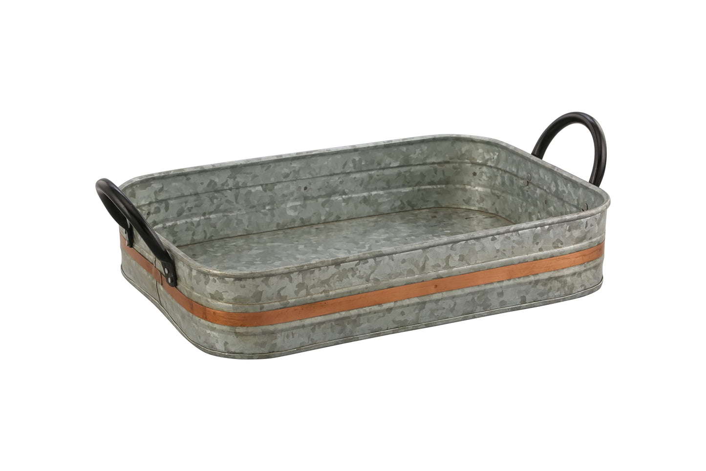 Galvanized Metal Serving Trays Iron Black Handles, Farmhouse Tray with Copper Strip, Decorative Centerpiece for Coffee Table or Dining Table, Rustic Utility Tray for All Purpose, Rectangular Trays
