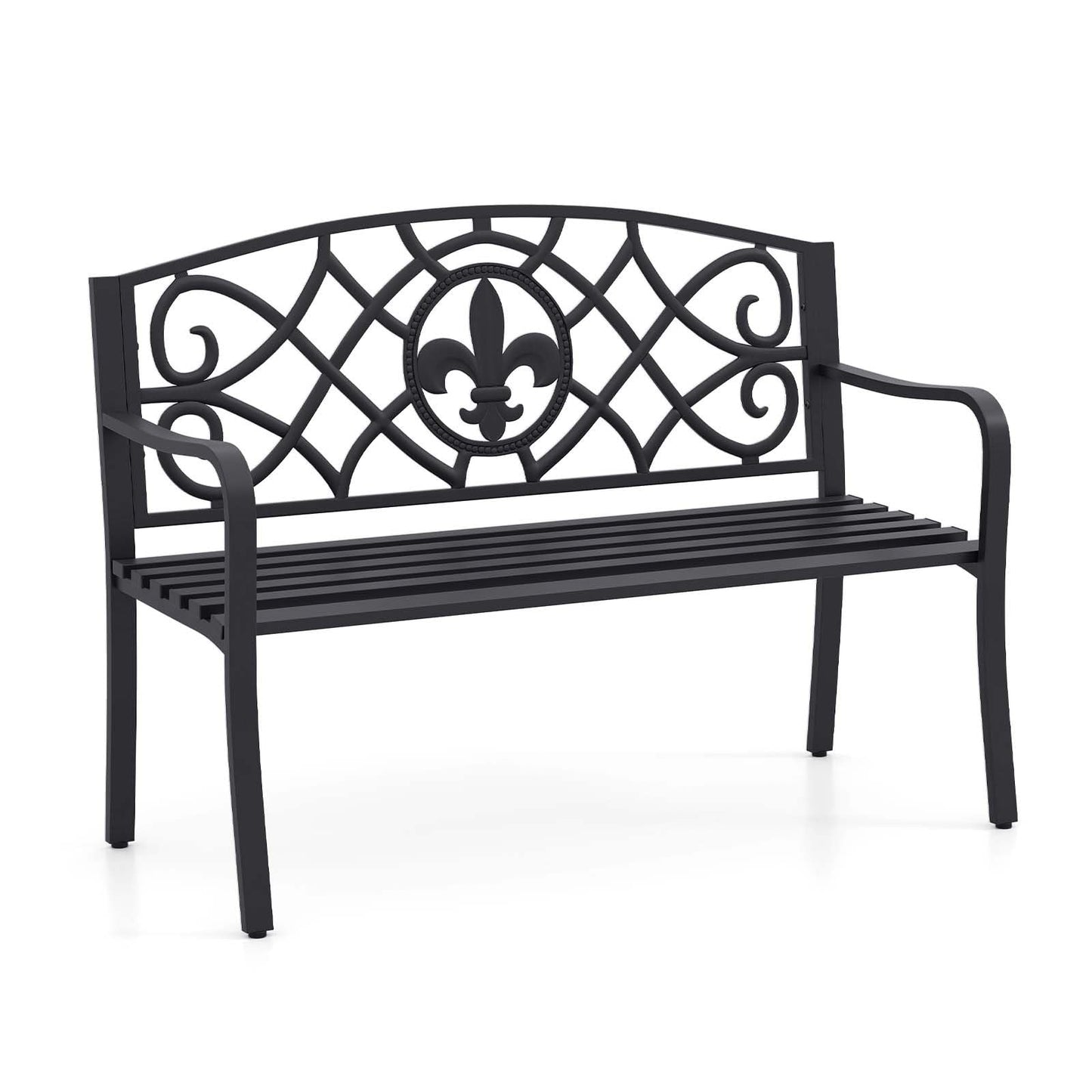 Giantex 50.5” Outdoor Bench with Metal Frame, Floral Design Cast Iron Backrest, Slatted Seat, Adjustable Foot Pads, Load 660Lbs, Garden Bench for Outside Patio Backyard Porch Park, Black
