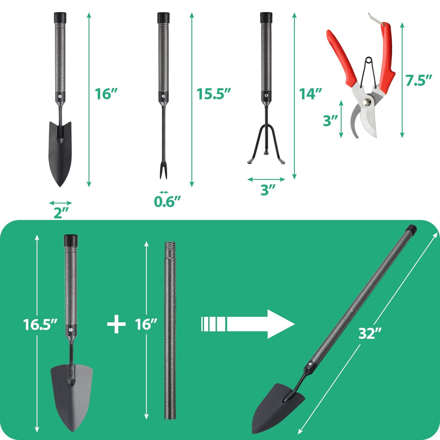 Garden Tool Set, 5-Piece Heavy Duty Gardening Tools Kit with Extendable Handle, Metal Trowel, Cultivator, Weeder, Pruner, Back-Saving Grips for Yard Raised Bed, Rust-Proof, Gift for Women, Men, Kids