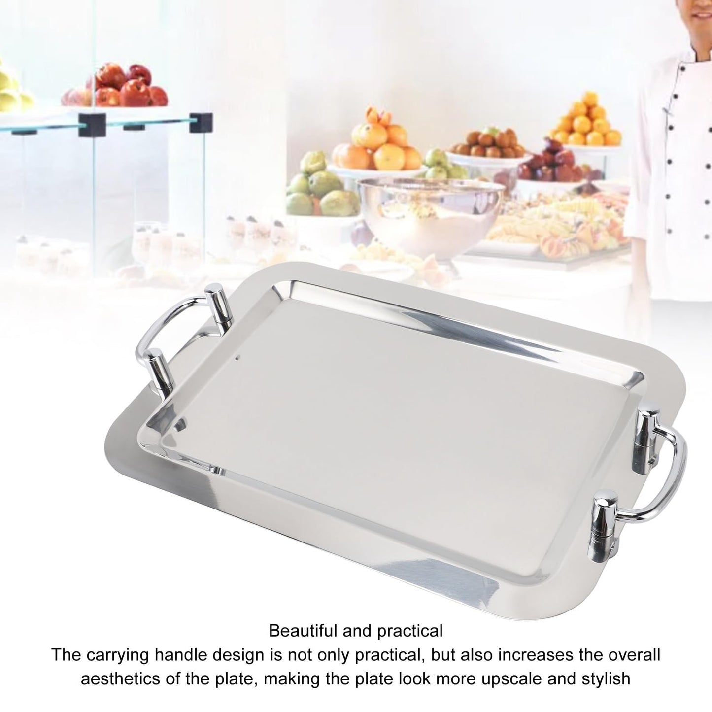 Fockety Stainless Steel Serving Tray, Multifunction Portable Metal Serving Tray with Handle, Buffet Serving Snack Tray for Coffee, Desserts, Cakes, (Rectangle Shape with