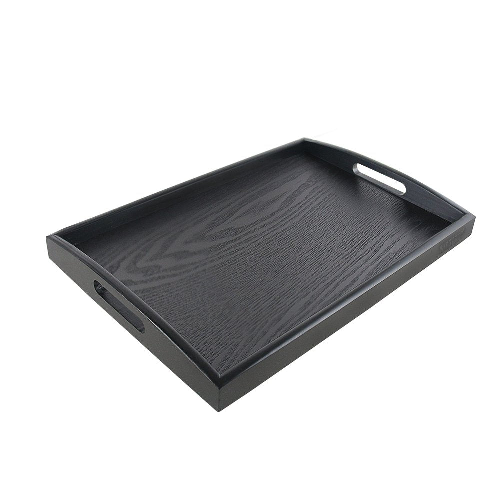 SILILUN Serving Tray Black Large Food Breakfast Wood Butler Tray with Handle 17.77 x 13.72 x 1.78