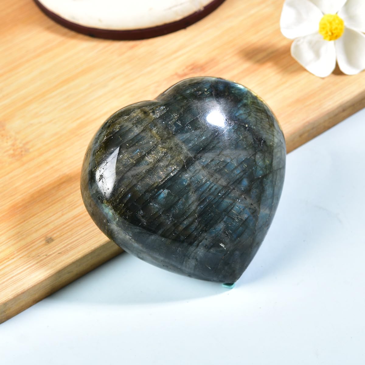 MOGEMT 80-90mm Labradorite Heart Crystal Large Palm Worry Stone Natural Reiki Healing Crystal Gemstone Gift 1 Pc