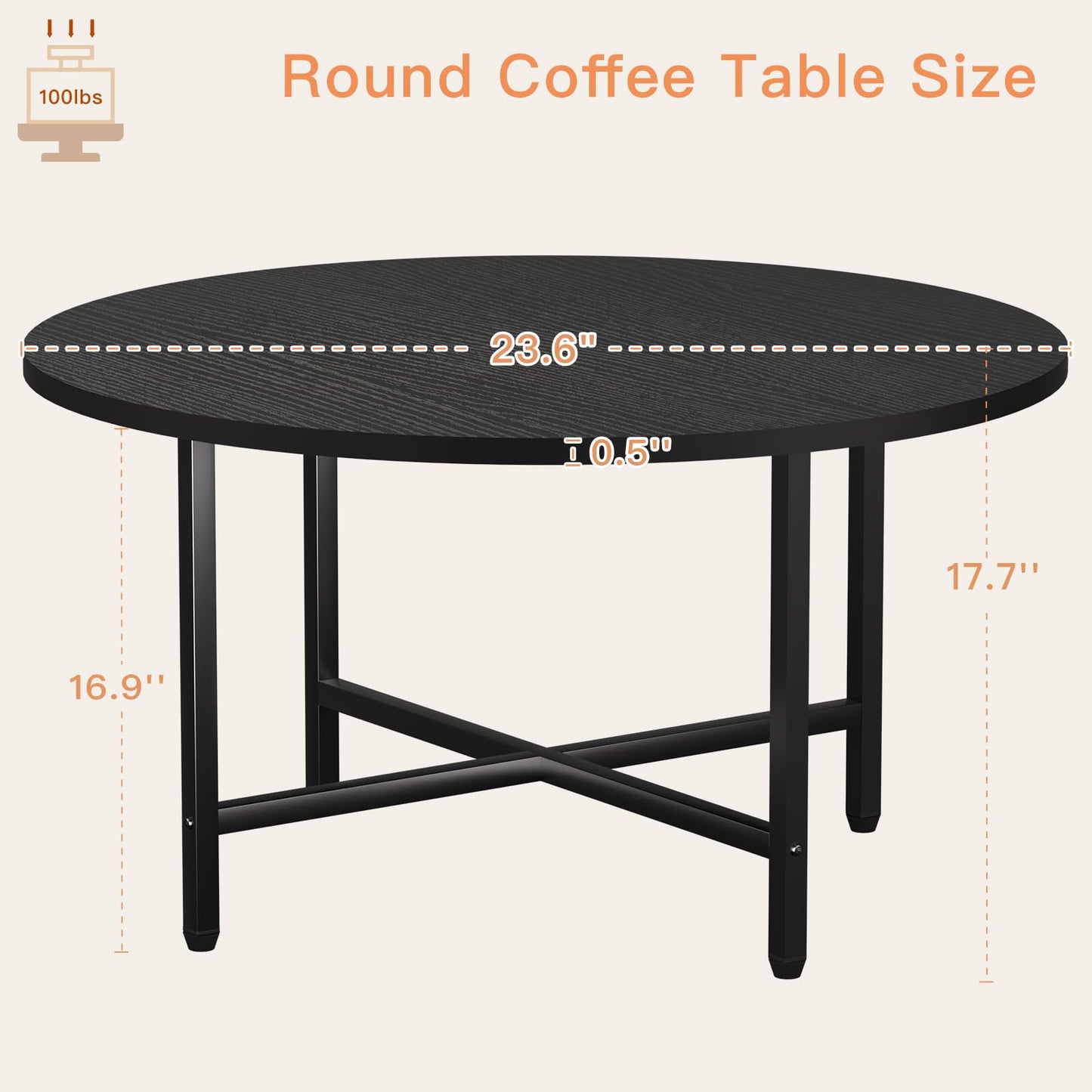 FAMIDGE Coffee Table, 23.6" Coffee Tables for Living Room, Round Coffee Table with Metal Frame, Floor Table for Sitting on The Floor, Home, Office, Black