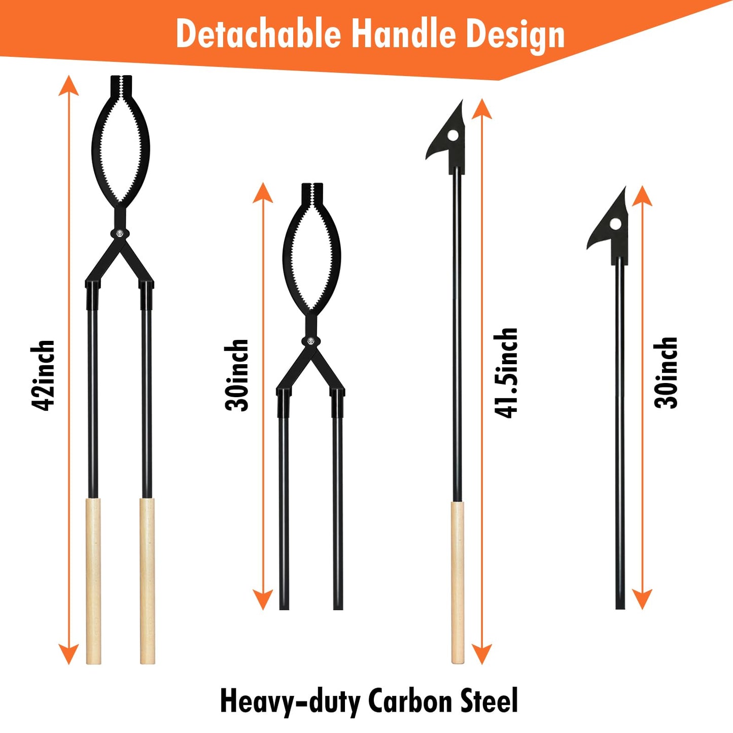 42in Detachable Fire Tongs and Poker Set with Carrying Bag, Heavy Duty Fire Pit Tools, Portable Log Grabber Fireplace Tools for Indoor Outdoor Fire Pit Camping Wood Stove Bonfire