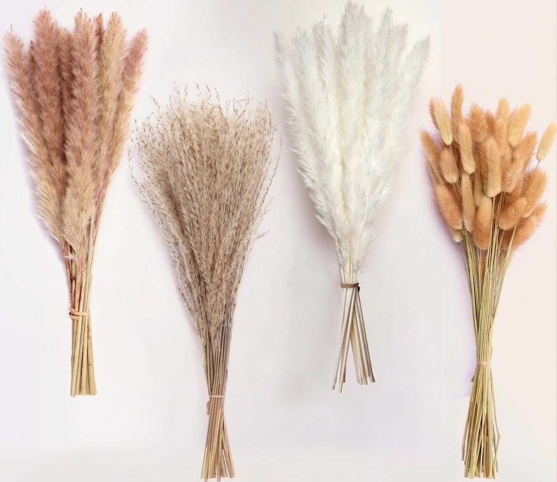 110 Stems Dried Pampas Grass, Boho Table Decor Natural Reed Phragmites Grass + Brown & White Pampas Grass + Bunny Tails Flowers Bouquet for Wedding Floral Arrangements Farmhouse Home Rustic Wall