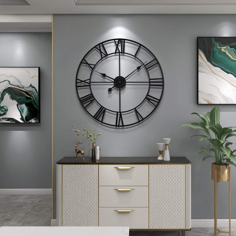 LEIKE Large Wall Clock, 24" Completely Silent, Non Ticking, Battery-Operated,Rustic Round Modern Metal Wall Clock Decor for Living Room, Bedroom and Kitchen, (60cm, Black-Roman Number)