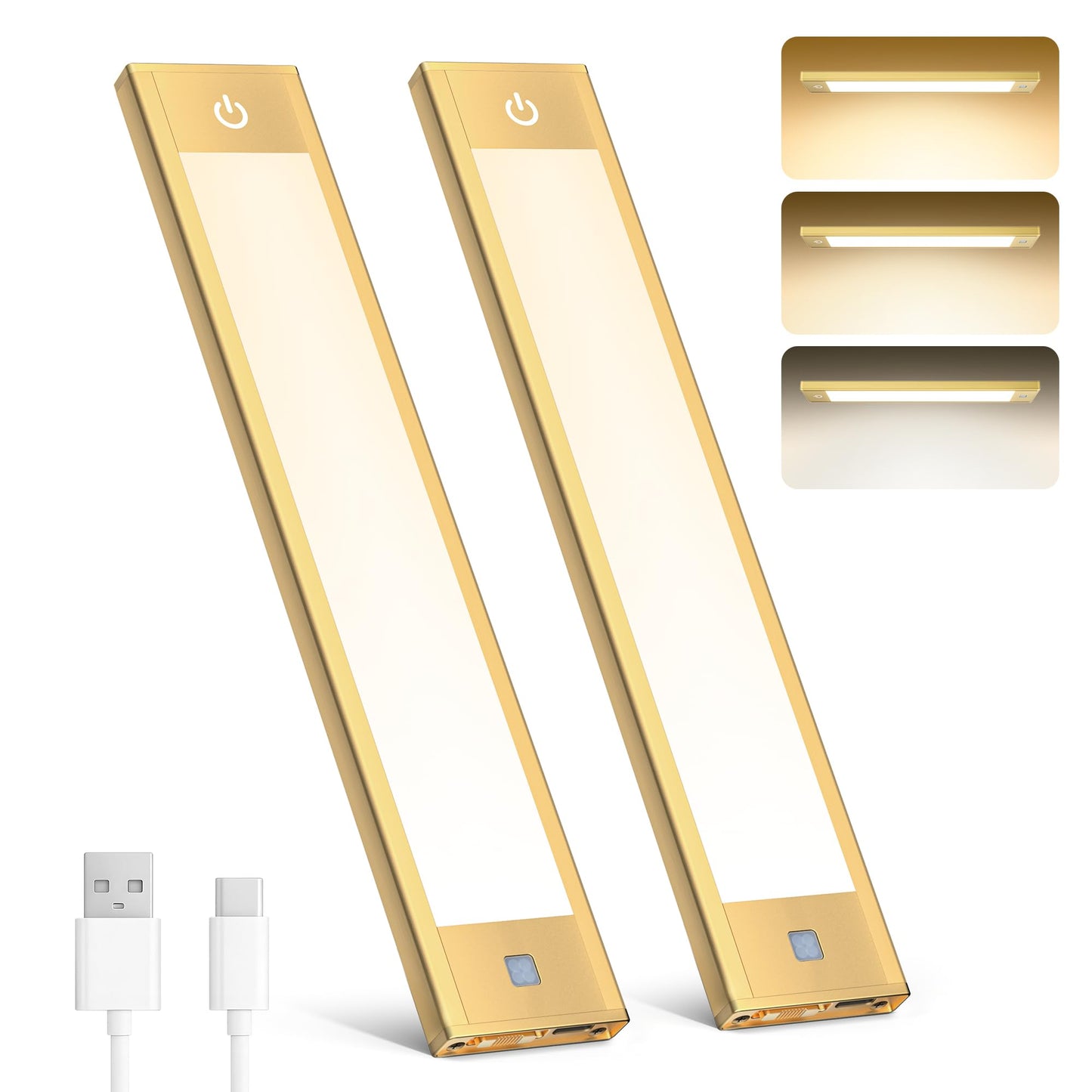 V4light Rechargeable Motion Sensor Under Cabinet Light, Magnetic LED Bar with 1500mAh, Gold Aluminum Accent Lighting, Dimmable 3 Color Temperatures for Kitchen Cabinets, Shelves & Closets (9 in)