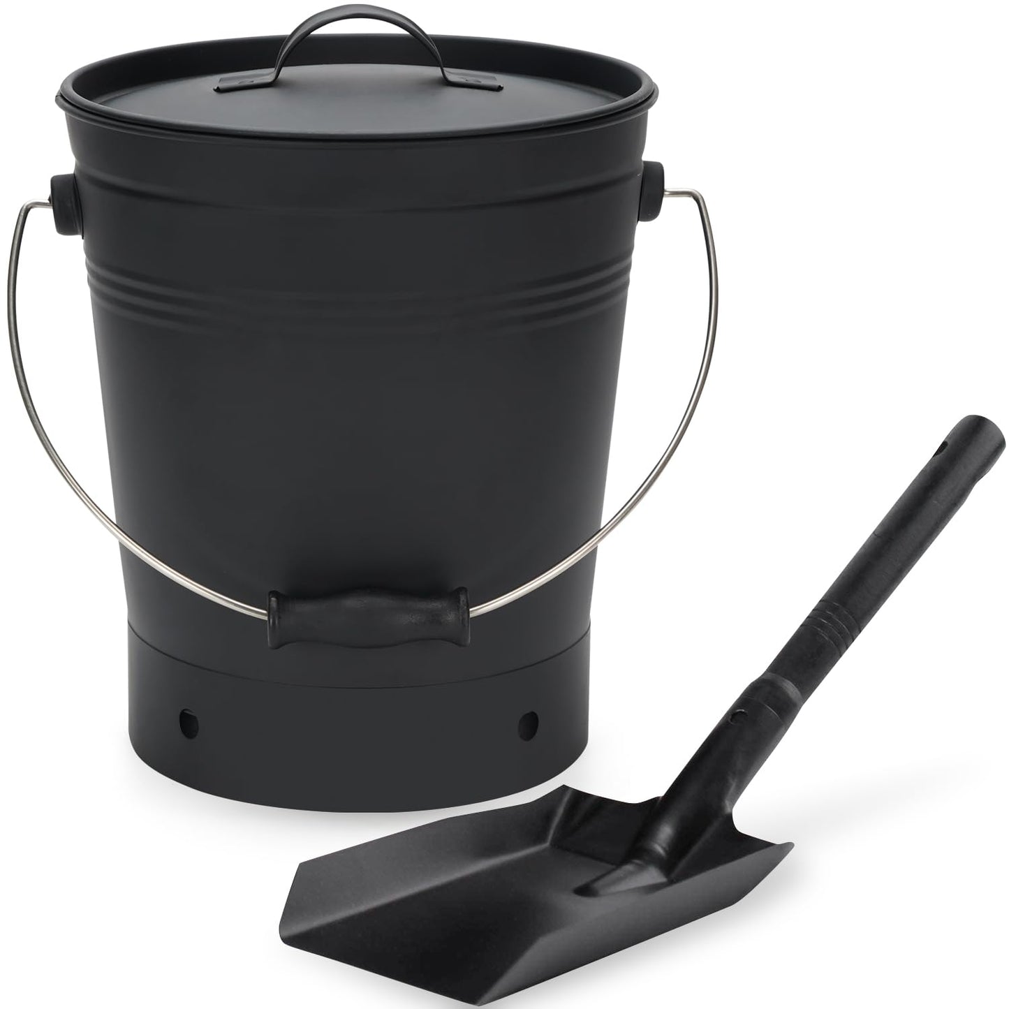 INNO STAGE Ash Bucket with Lid and Wood Handle Coal Shovel, Ash Carrier Pail Fireplace Tools,Fire Pit,Wood Burning Stove Black