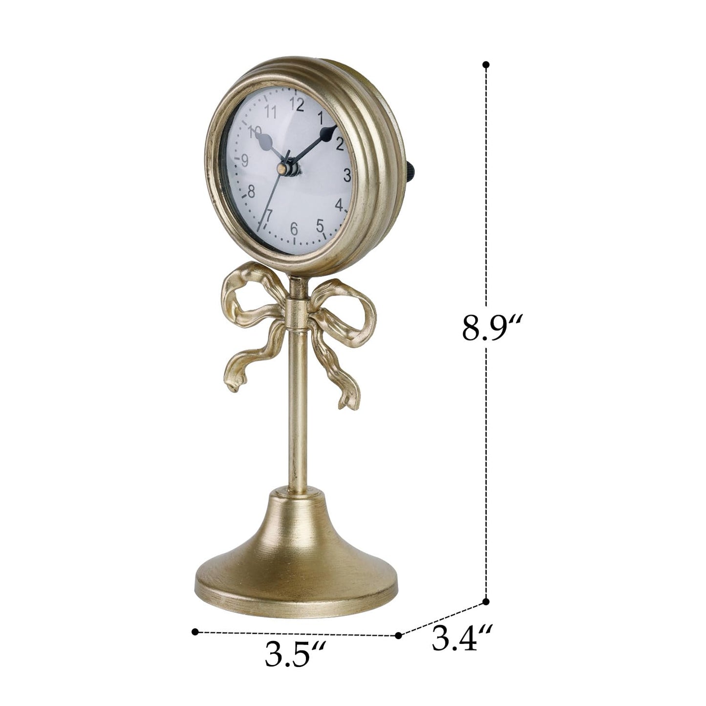 NIKKY HOME Gold Table Clock with Bow, Silent Non-Ticking Classic Elegant Battery Operated Decorative Mantel Desk Shelf Clock for Living Room Decor