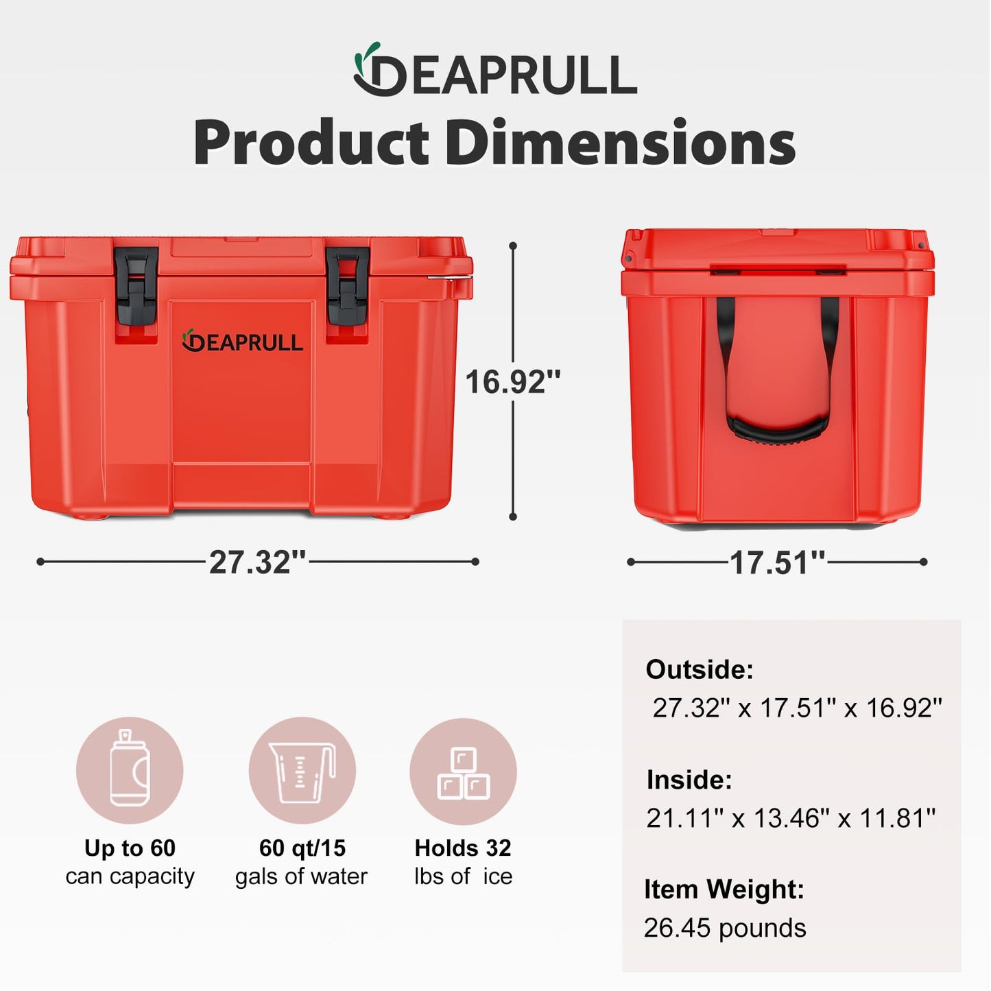 60 Quart Hard Cooler, Insulated Ice Chest Box Holds Ice for up to 6 Days, Portable Cooler with Nylon Rope Handles, Cup Holders, Double Latches for Camping Drink, Beach, Picnic, Fishing, Boat, Barbecue