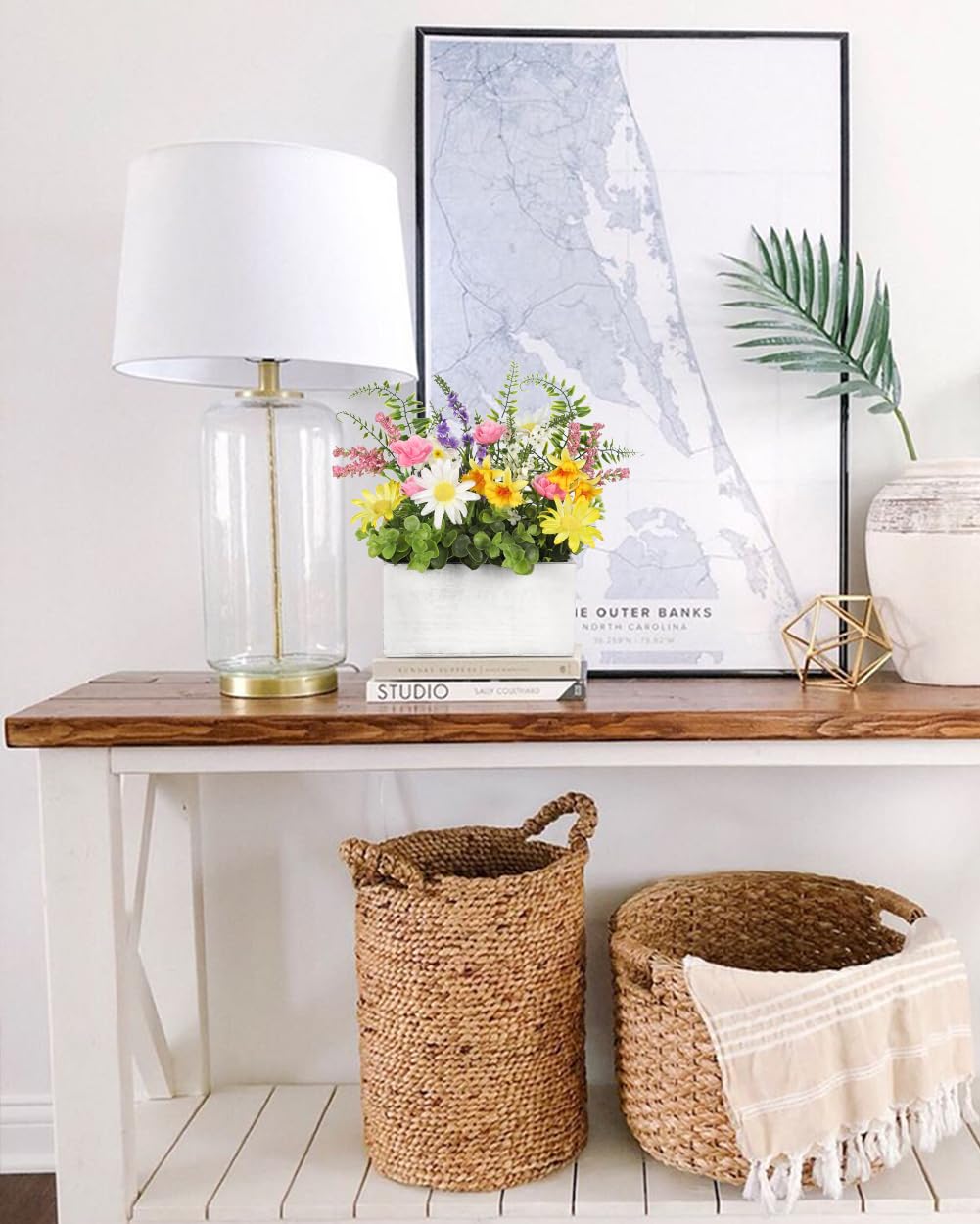 Briful Table Floral Arrangement Centerpiece, Artificial Flowers in Wooden Vase, Flower Plants Centerpieces for Tables, Farmhouse Table Decor, Living Room Dining Coffee Table Shelf Decor