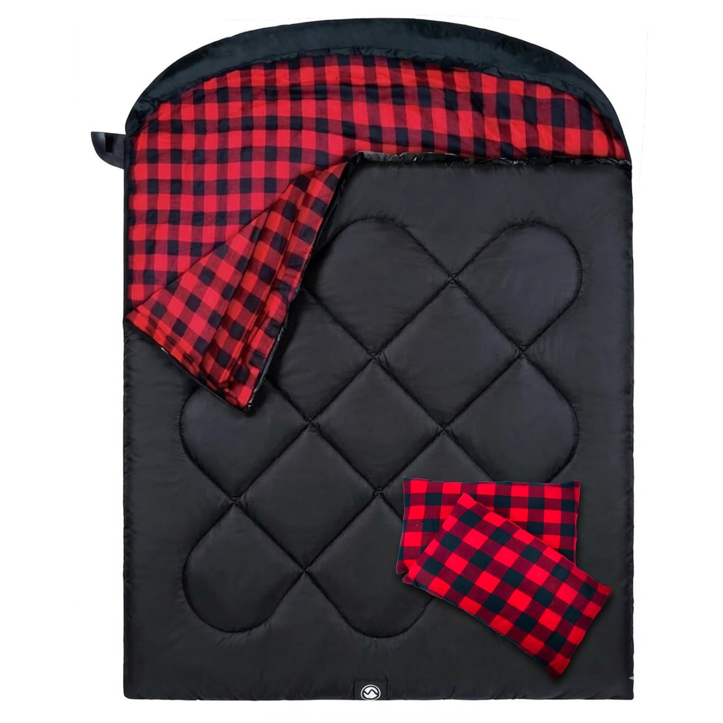 ShinHye Double Sleeping Bag for Adults with 2 Pillows, Camping Sleeping Bags Flannel Cotton 2 Person Sleeping Bags XXL Queen Size Sleeping Bag for Cold Weather (Black Red, 92"×62")