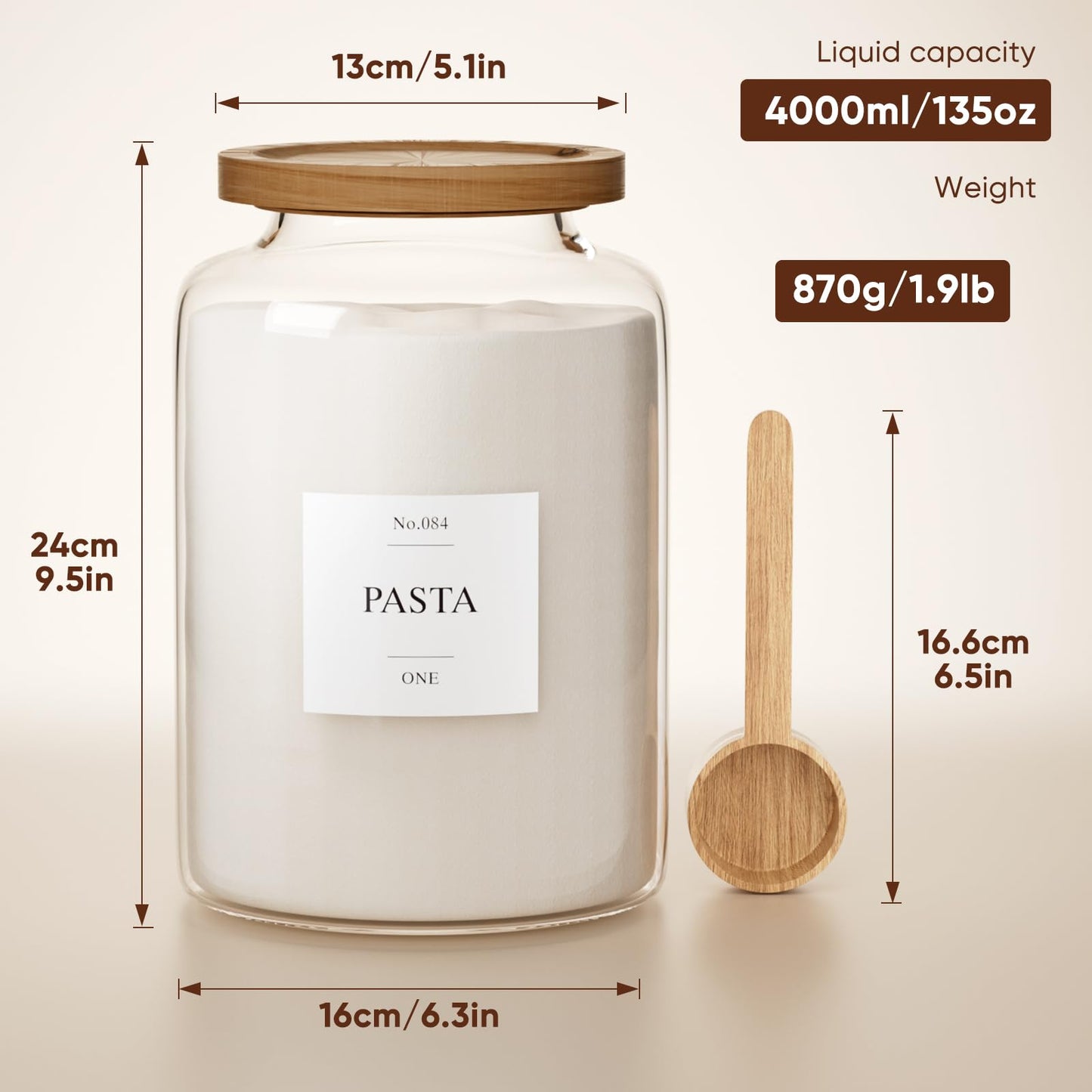 Yirilan 2 PCS Flour Sugar Storage Containers Glass Jar, 4000ml/1 Gallon/4.2 Qt/135oz,Large Glass Food Storage Jars with Wood Airtight Lids,for Tea,Spice,Cereal Rice Flour Pasta Sugar