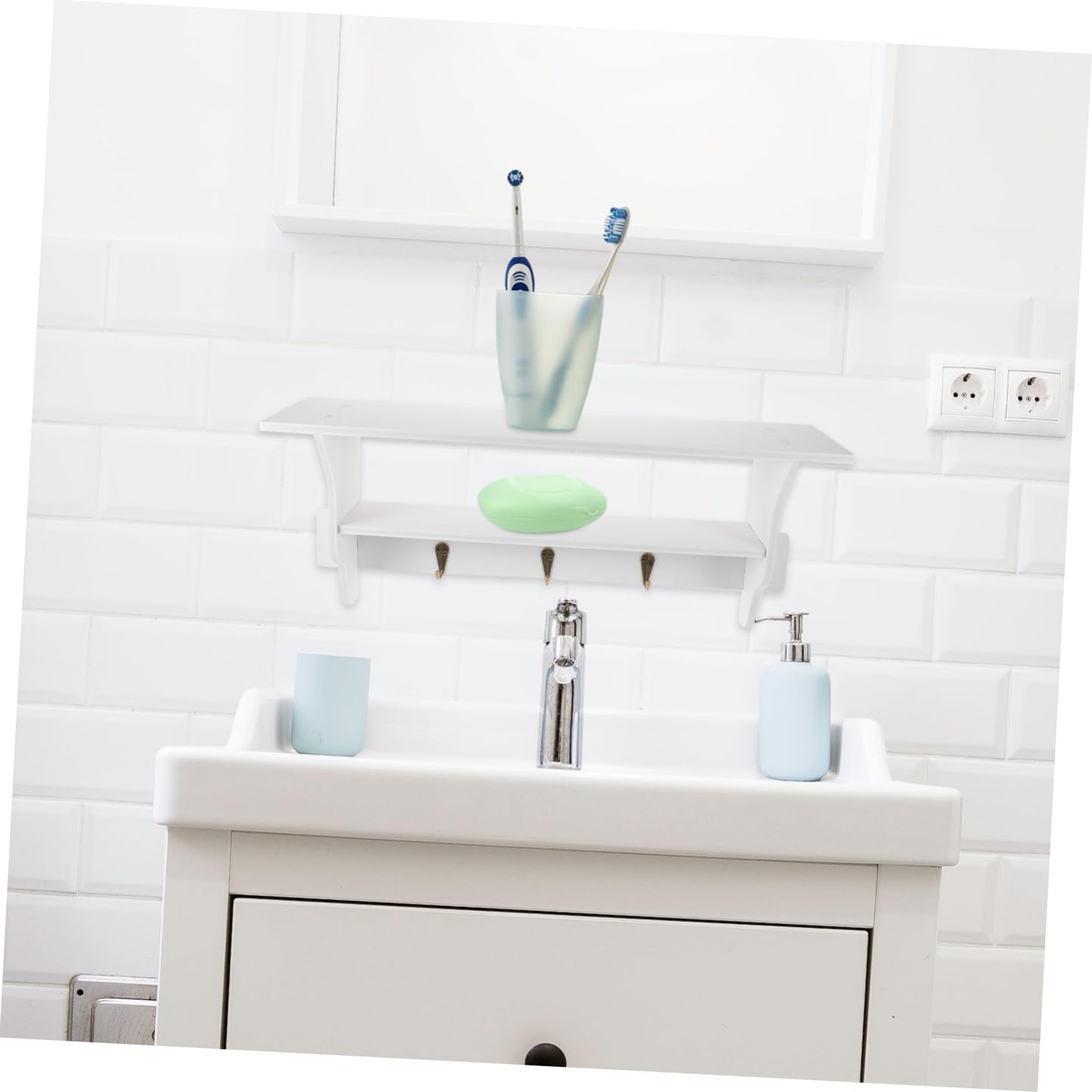 ABOOFAN Modern Wall Shelf with Hooks Floating Storage Rack for Home Decor Key Holder and Organizer Design for Entryway Bedroom and Bathroom Elegant White Finish