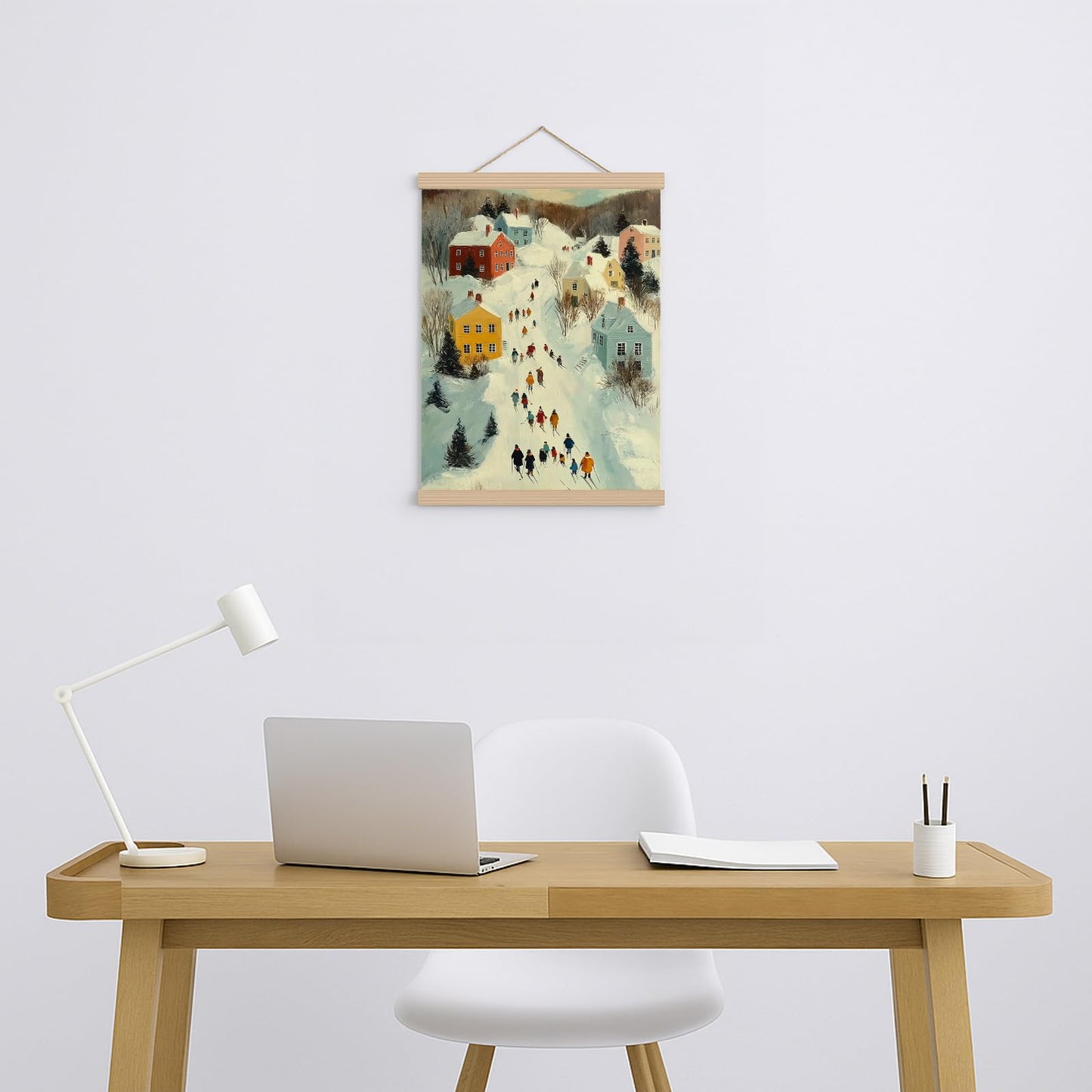 FOPENEM 16x12 Inch Winter Village Scene Wall Art – Snowy Town Canvas Hanging Print with Skating People for Holiday Decor
