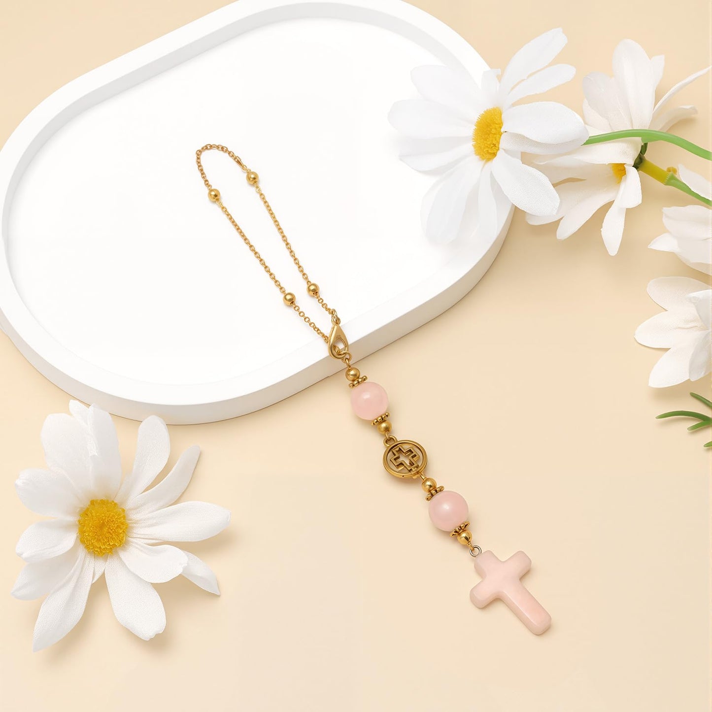Cross Crystal Hanging Car Charm,Cute Healing Stones Car Decor for Rear View Mirror Boho Handmade Sun Catcher Ornament Accessories Rose Quartz Crystal Protection for Women