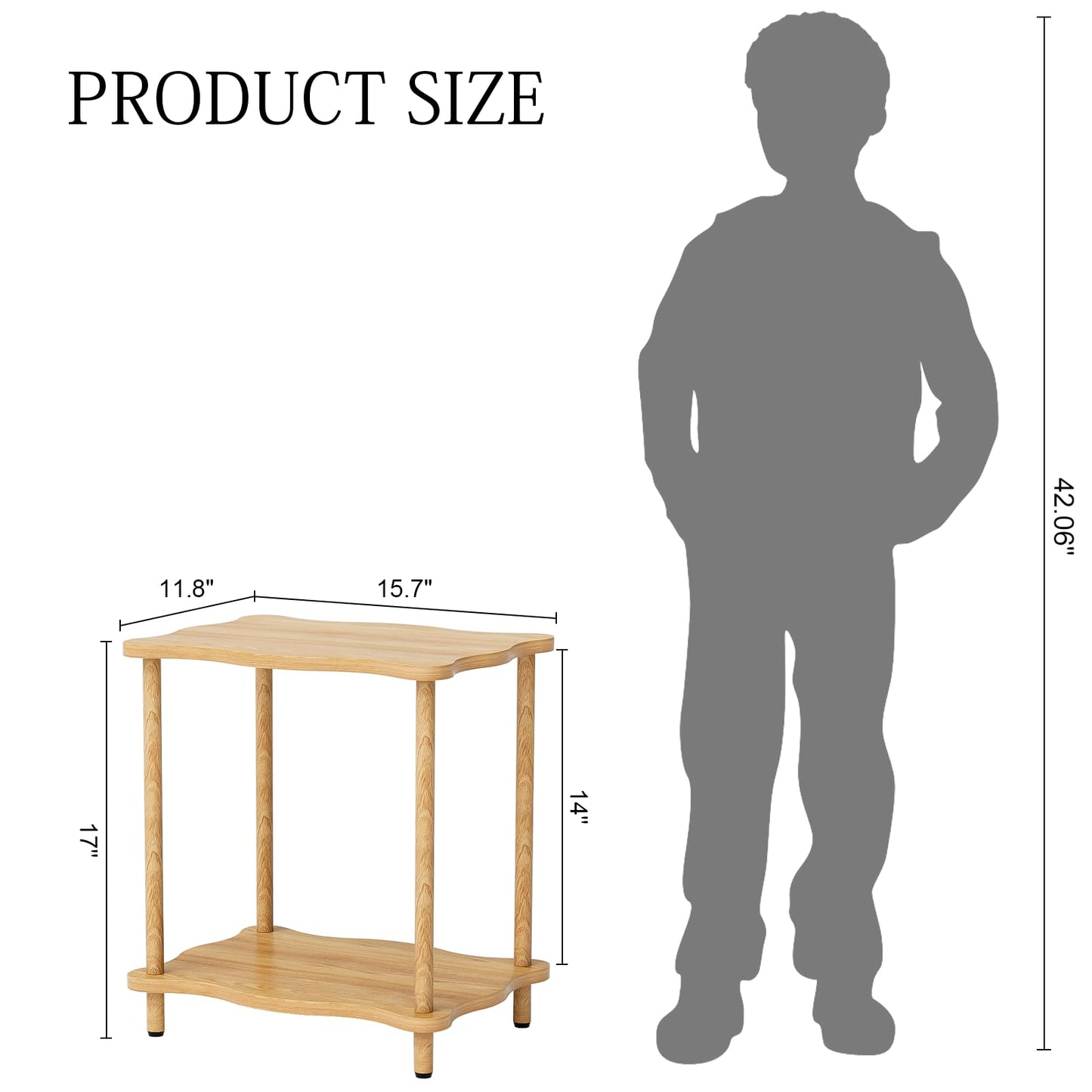 THUMEYE 2-Tier Low Side Table 17”H, Space-Saving Small Nightstand with Solid Wood Legs, Tool-Free Assembly, Suitable for Reading Chair, Bedside, Balcony, 15.7”D x11.8”W, Burlywood
