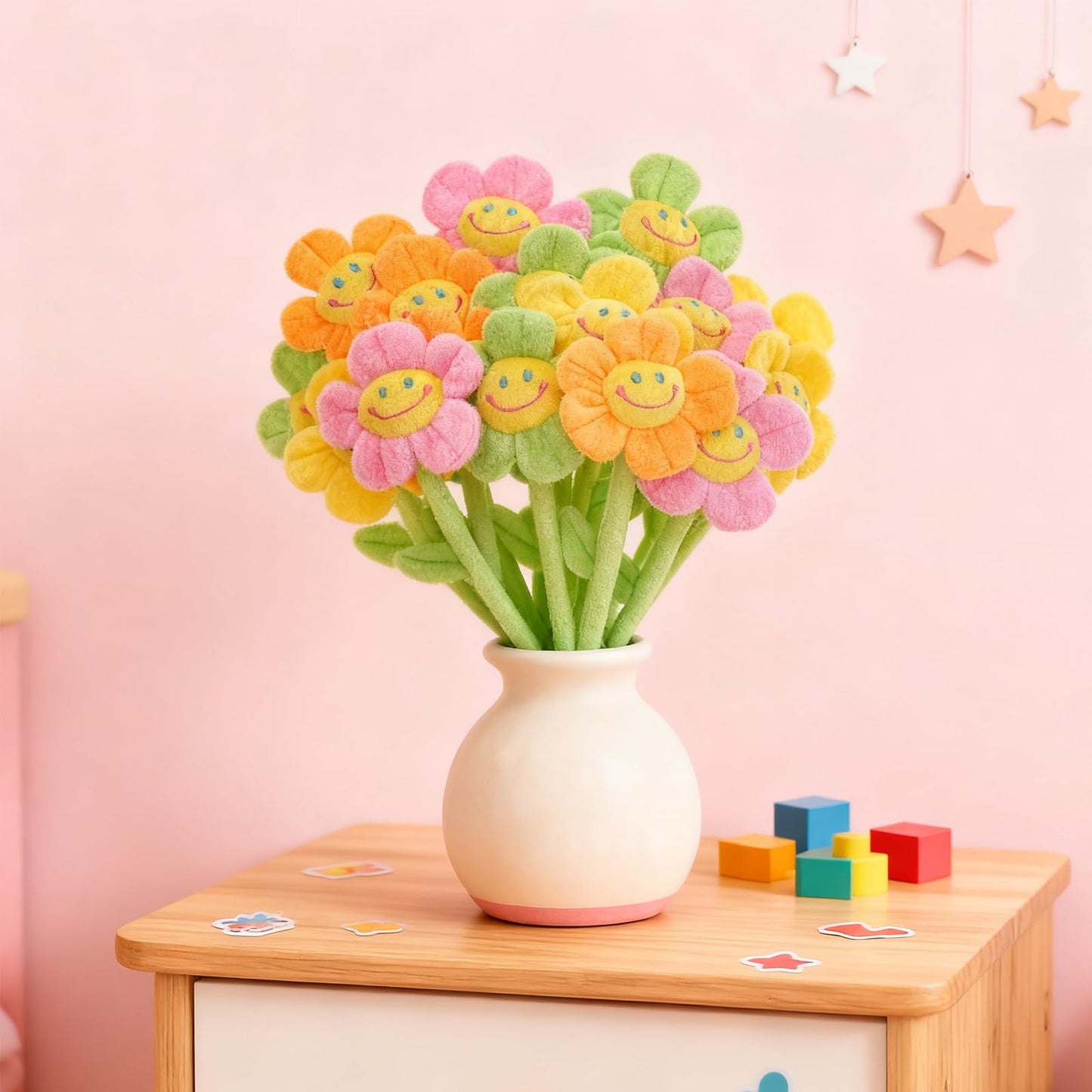 16 Pack Pastel Plush Flowers, Bendable Stems for Easy Curtain Tiebacks & DIY Bouquets, 12 Inch Stuffed Smiley Sunflowers, Soft Kawaii Artificial Room Decor for Teen Girls & Nursery Vibe