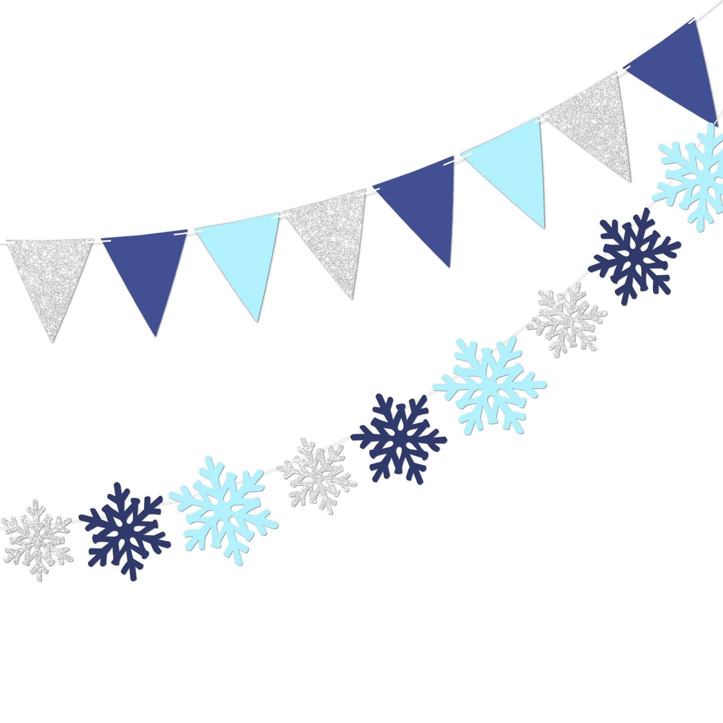 Vofrise 2Pack Blue and Silver Snowflake Banner Winter Wonderland Birthday Party Decorations Snow Themed Pennant Banner Flag Christmas Baby Shower Party Supplies