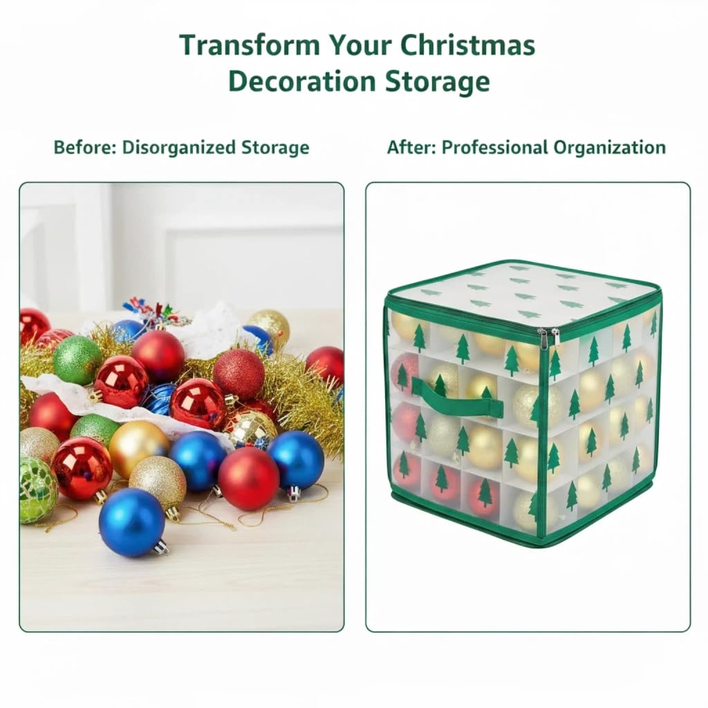 Christmas Ornament Storage Box, Christmas Tree Ornament Organizer, Hard Plastic Storage Container with Dividers, Clear Design Waterproof Case for 3" Seasons Balls